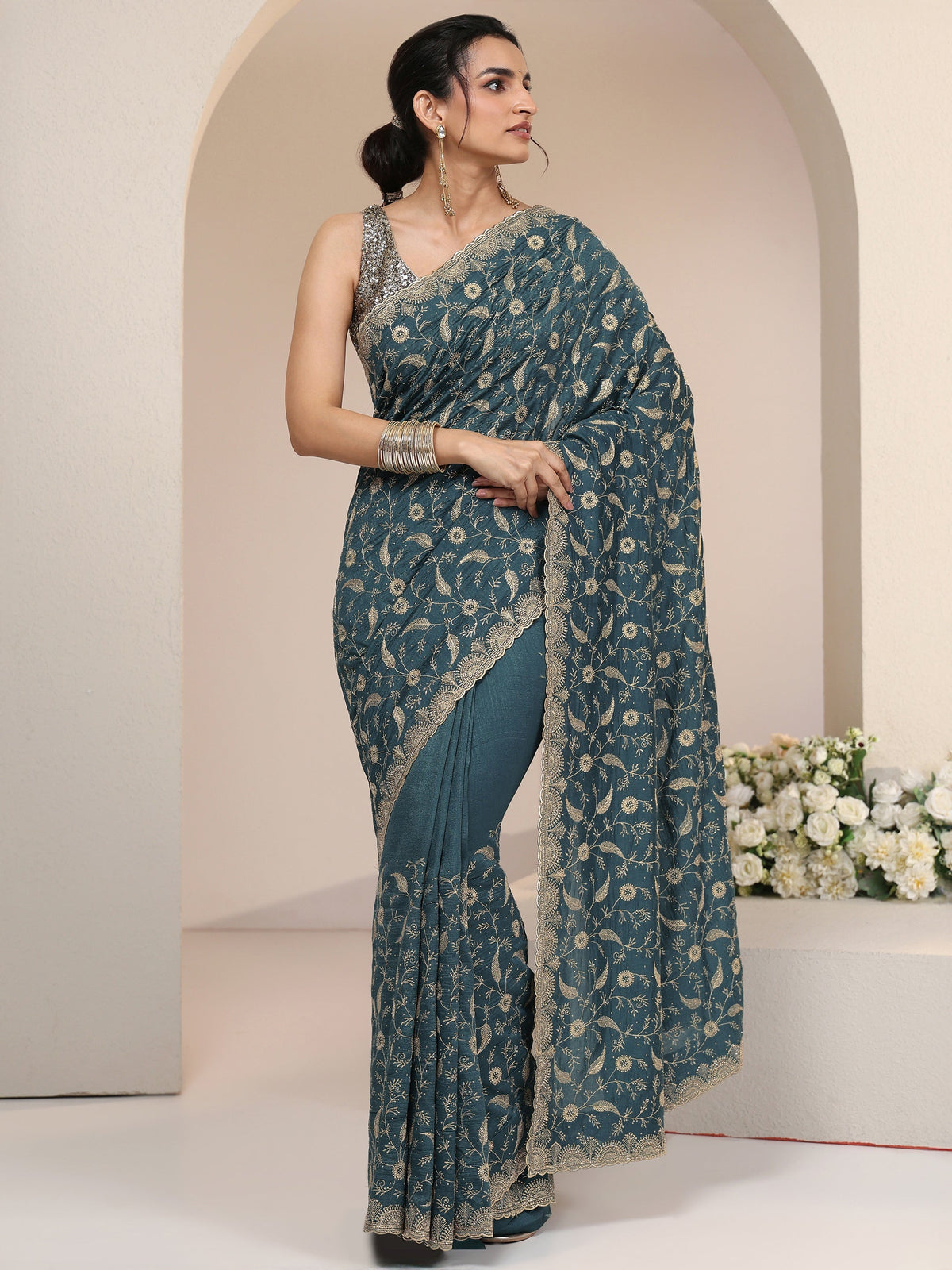 Anouk Teal Green Floral Embroidered Silk Blend Saree