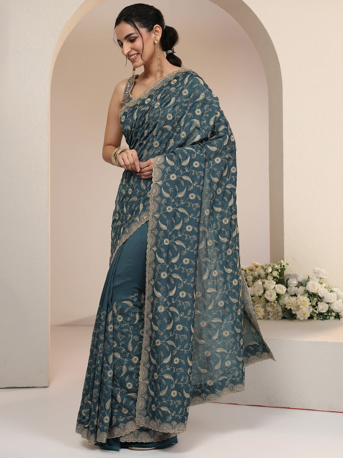 Anouk Teal Green Floral Embroidered Silk Blend Saree