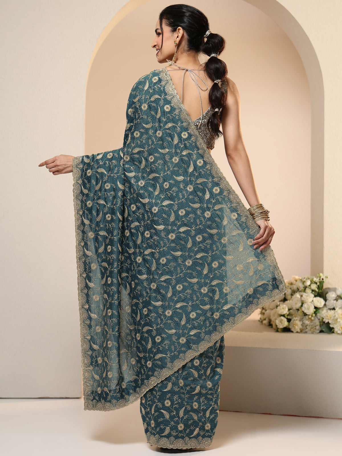 Anouk Teal Green Floral Embroidered Silk Blend Saree