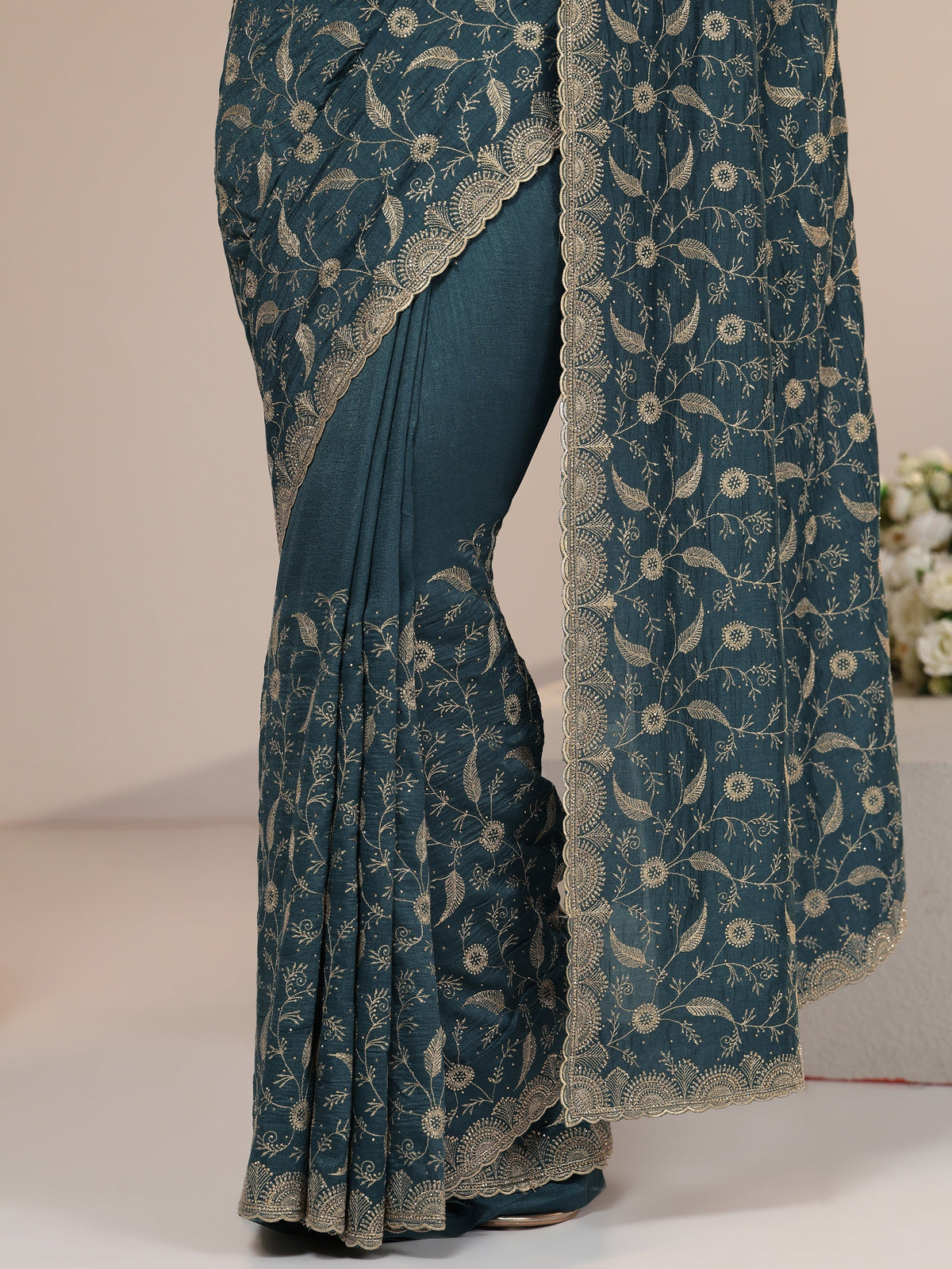 Anouk Teal Green Floral Embroidered Silk Blend Saree