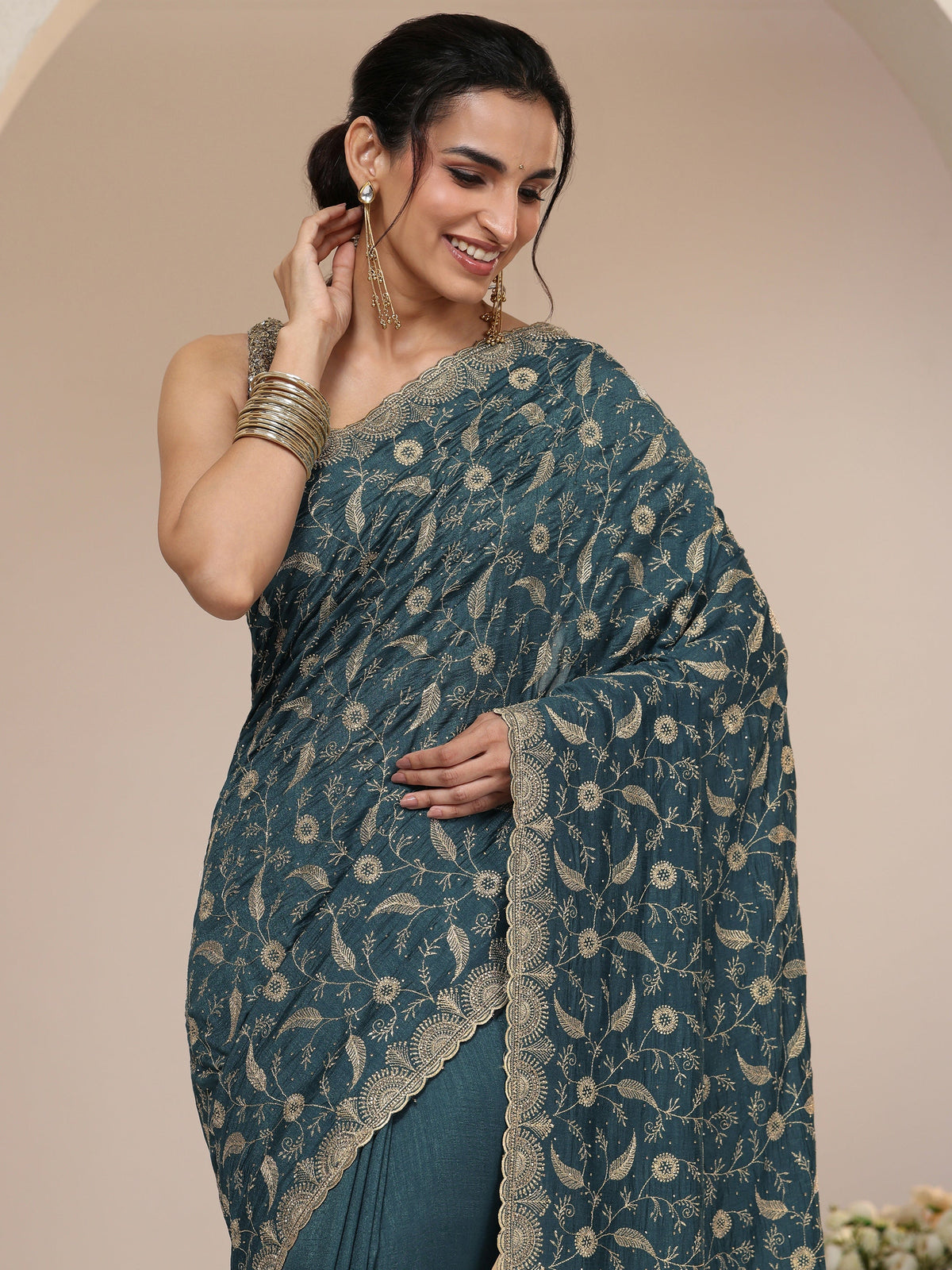 Anouk Teal Green Floral Embroidered Silk Blend Saree