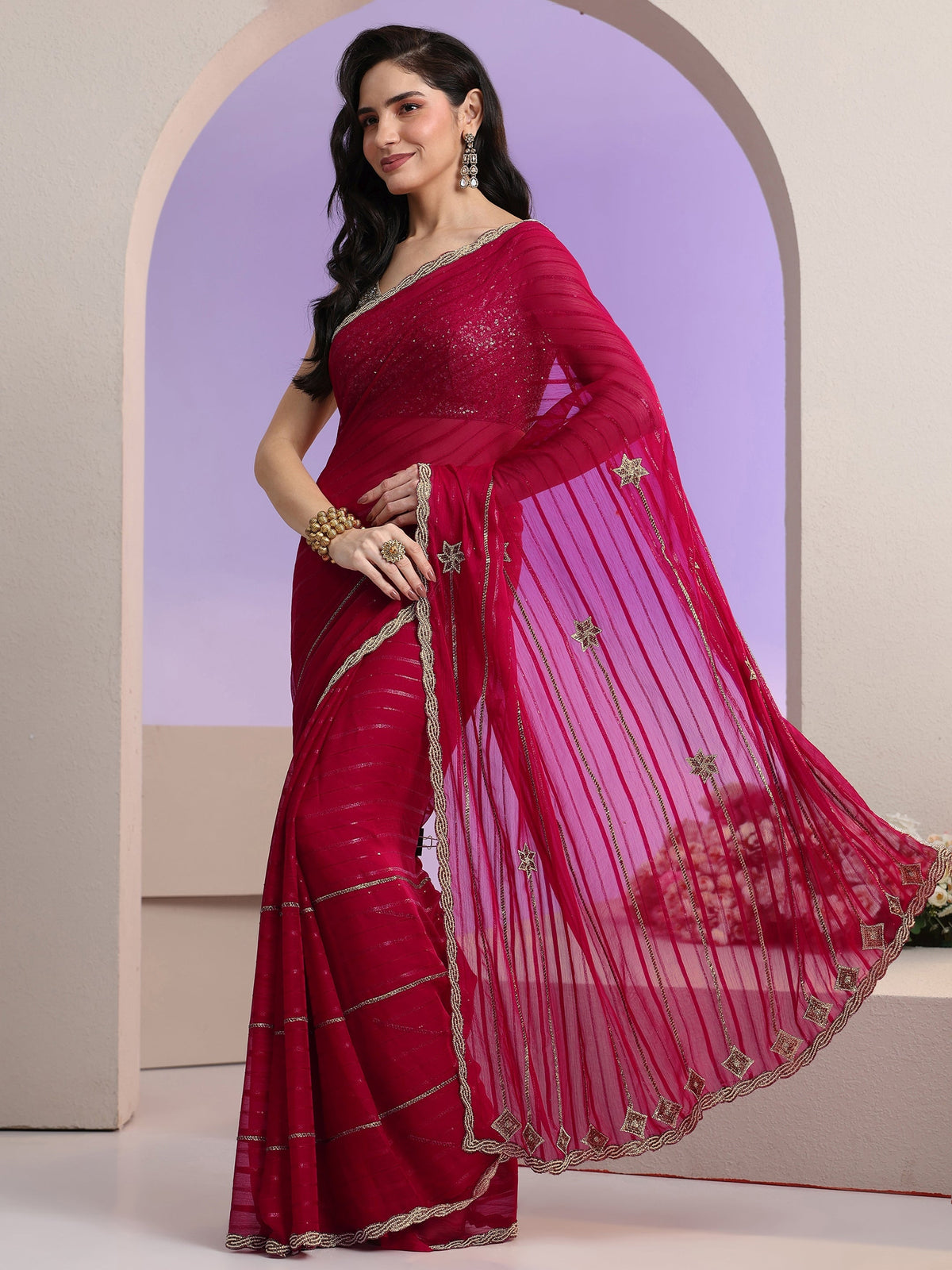 Anouk Rani Pink Striped Embellished Chiffon Saree