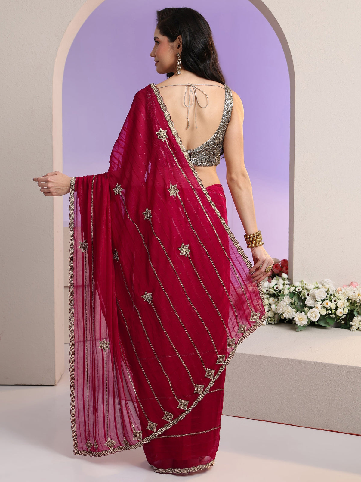 Anouk Rani Pink Striped Embellished Chiffon Saree