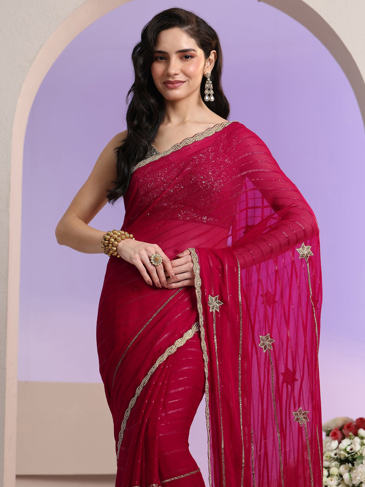 Anouk Rani Pink Striped Embellished Chiffon Saree