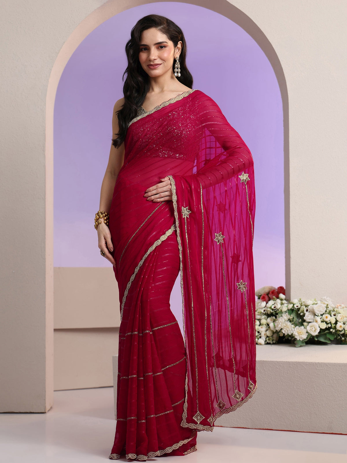 Anouk Rani Pink Striped Embellished Chiffon Saree