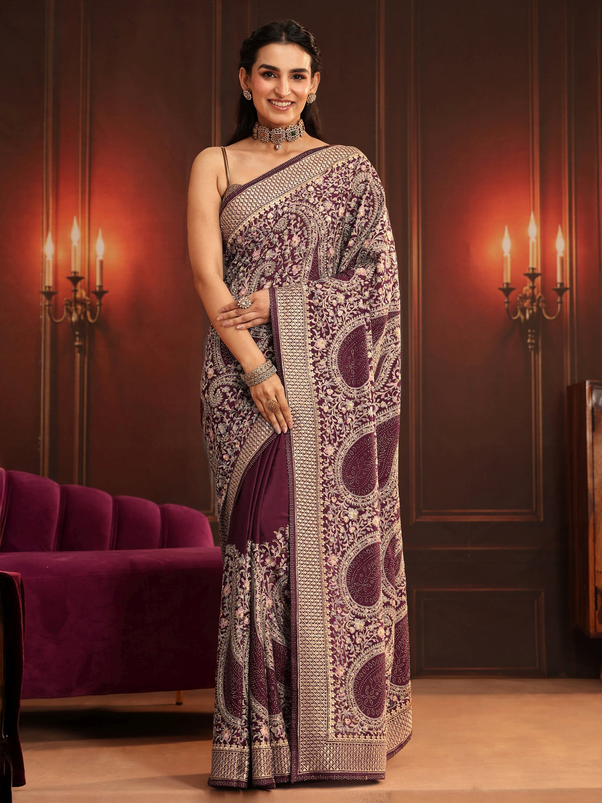 Anouk Art Dusty Maroon Paisley Embroidered Georgette Saree
