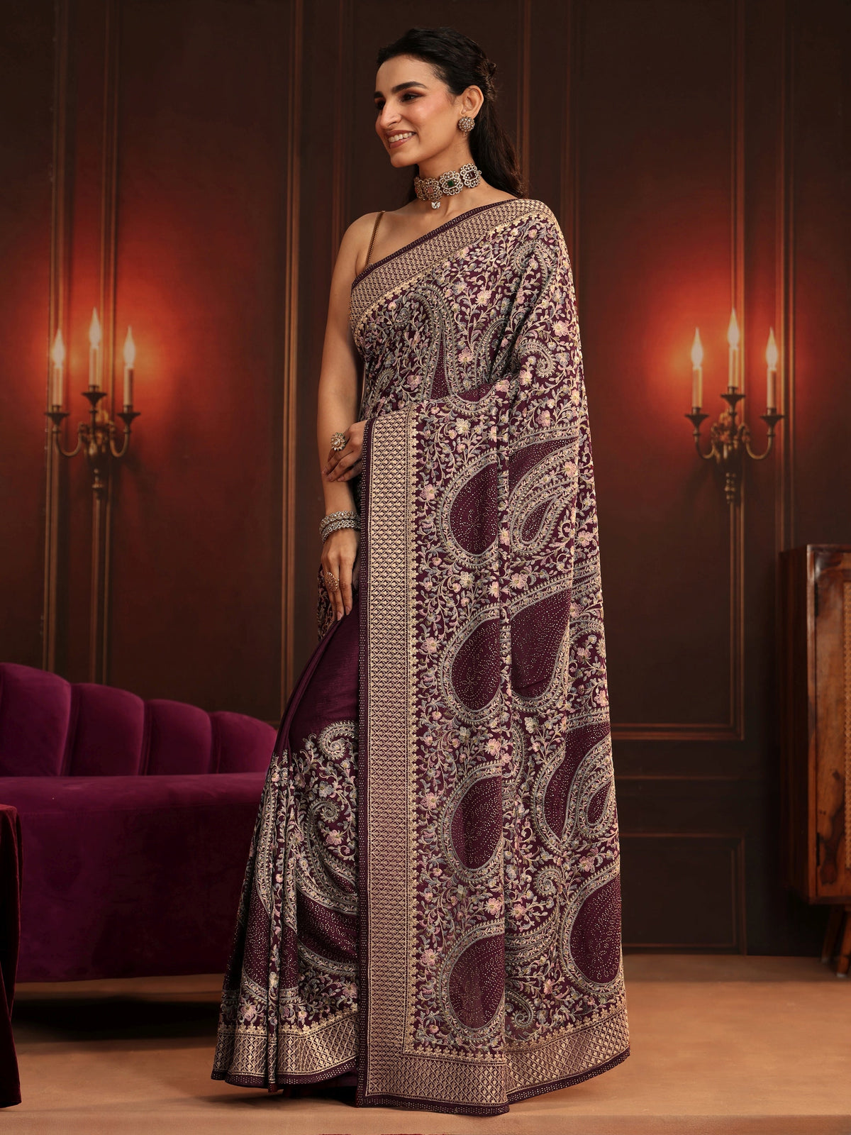 Anouk Art Dusty Maroon Paisley Embroidered Georgette Saree