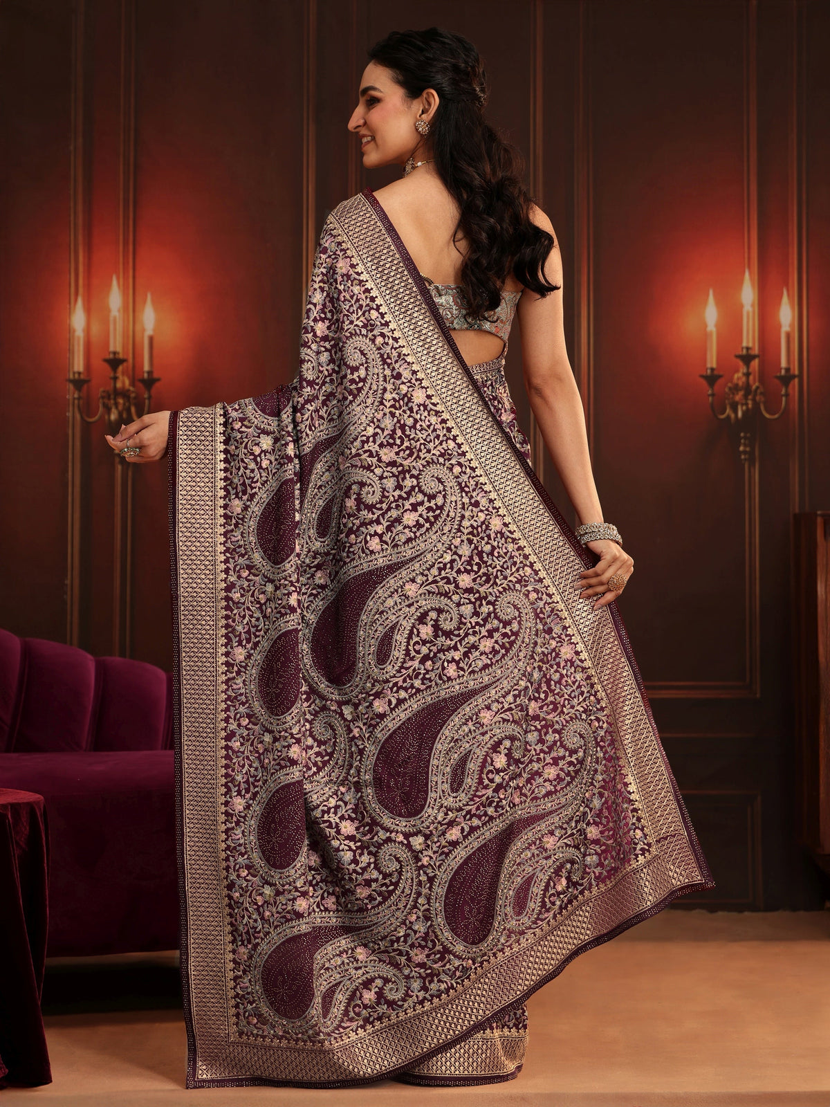 Anouk Art Dusty Maroon Paisley Embroidered Georgette Saree