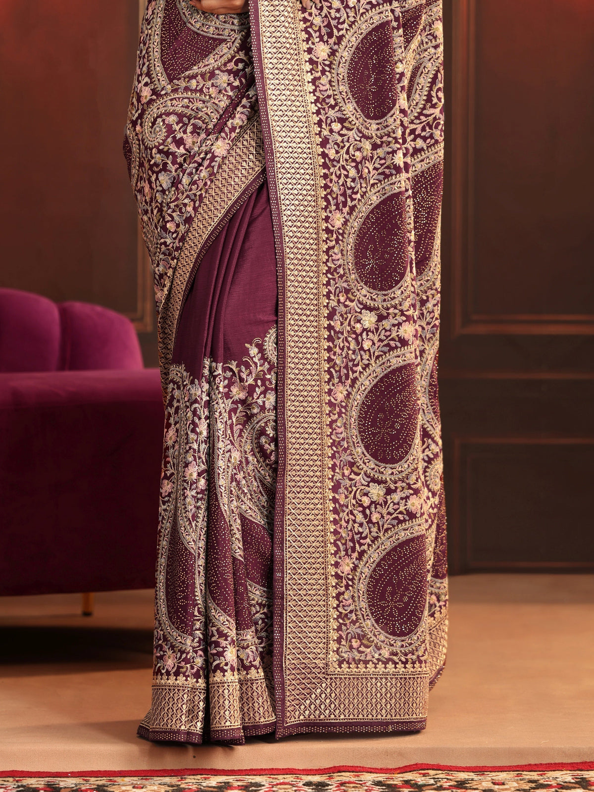 Anouk Art Dusty Maroon Paisley Embroidered Georgette Saree