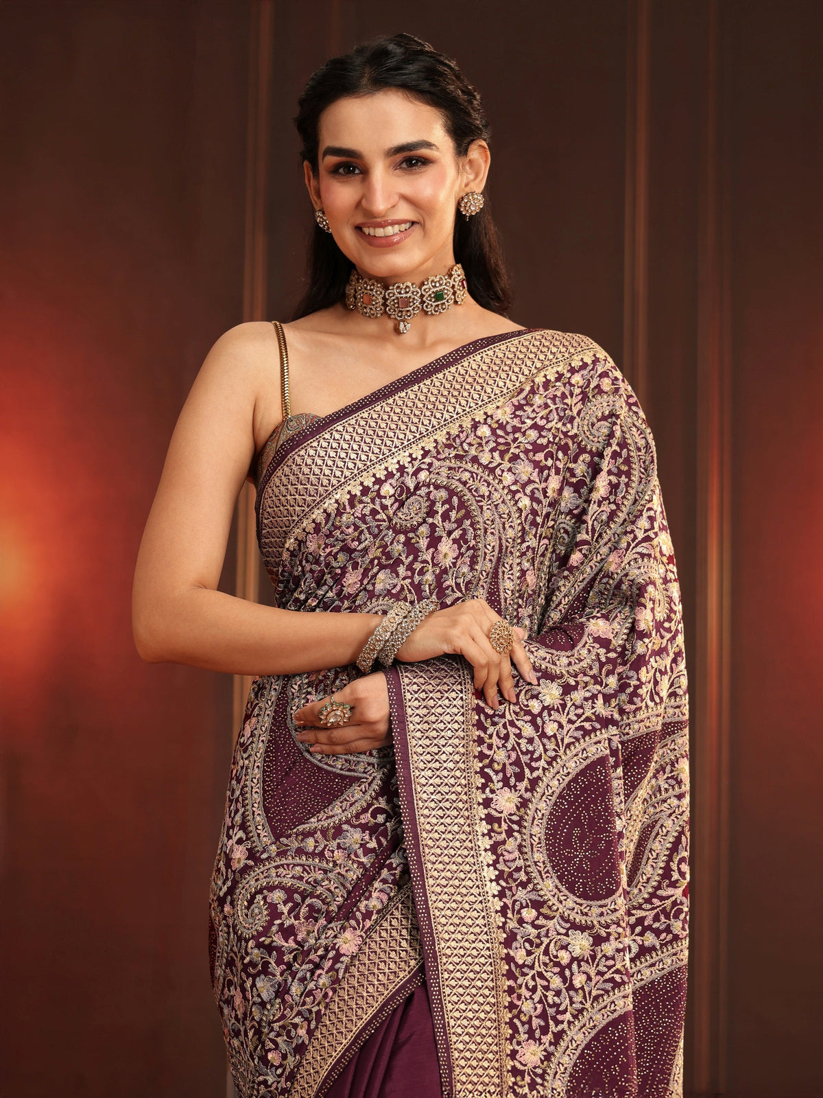 Anouk Art Dusty Maroon Paisley Embroidered Georgette Saree