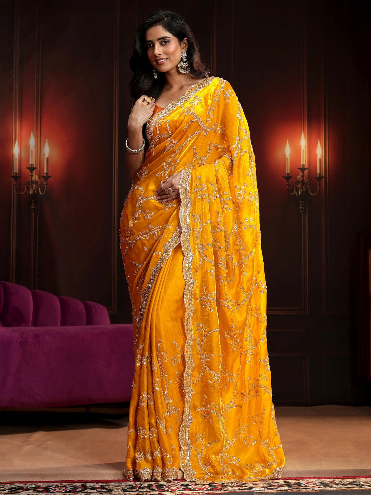 Anouk Art Bright Mustard Embellished Tissue Saree