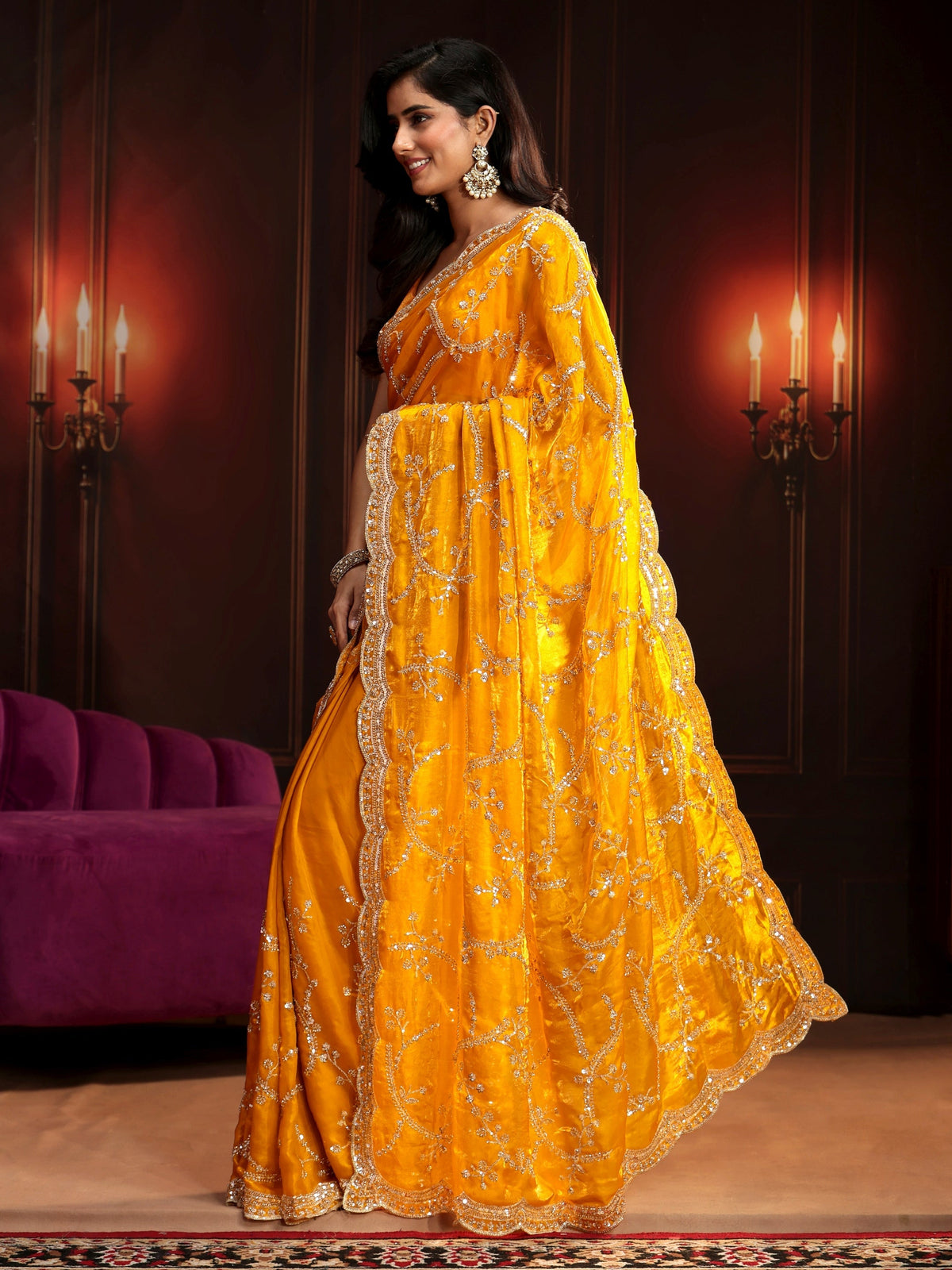 Anouk Art Bright Mustard Embellished Tissue Saree