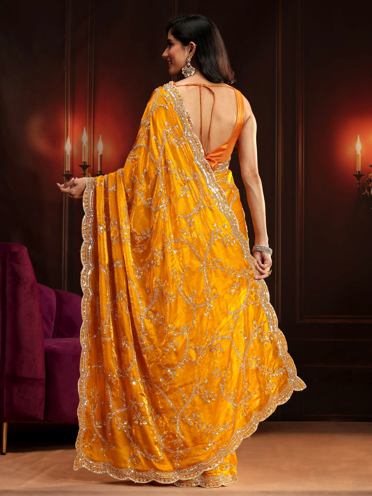 Anouk Art Bright Mustard Embellished Tissue Saree
