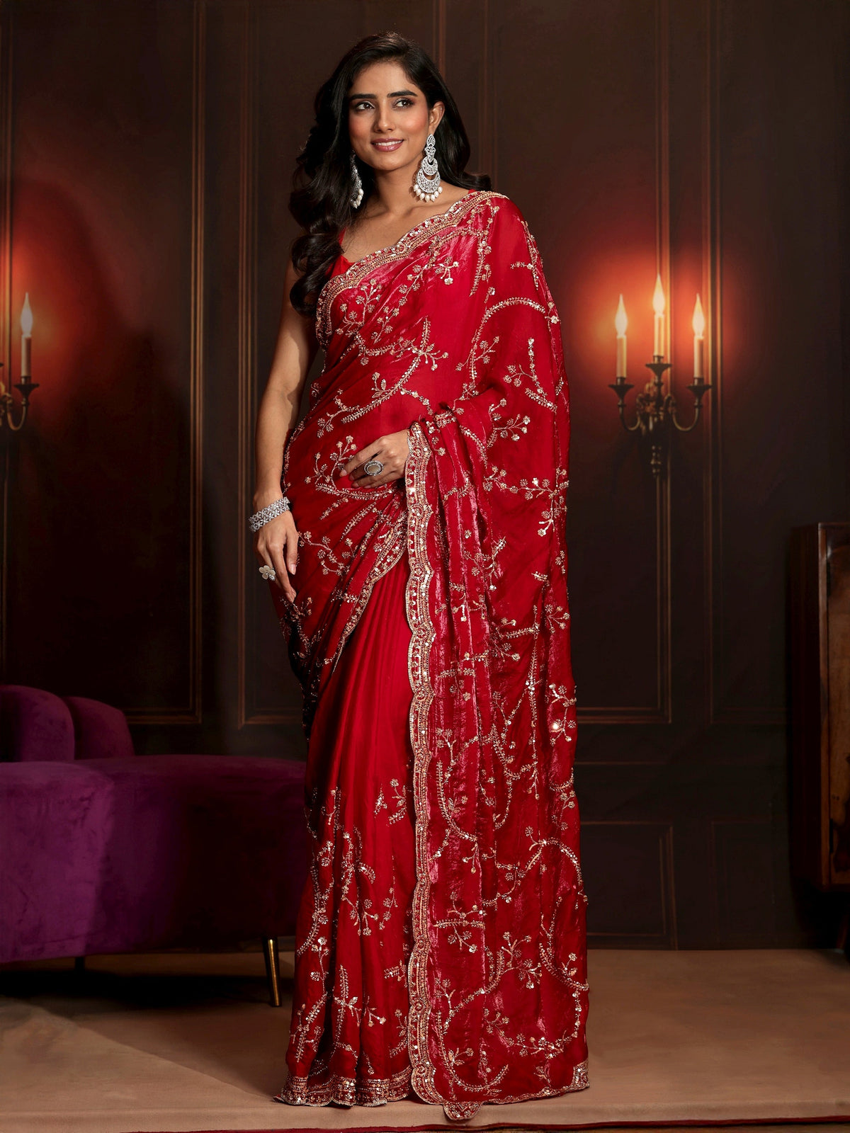 Anouk Art Raspberry Pink Embellished Tissue Saree
