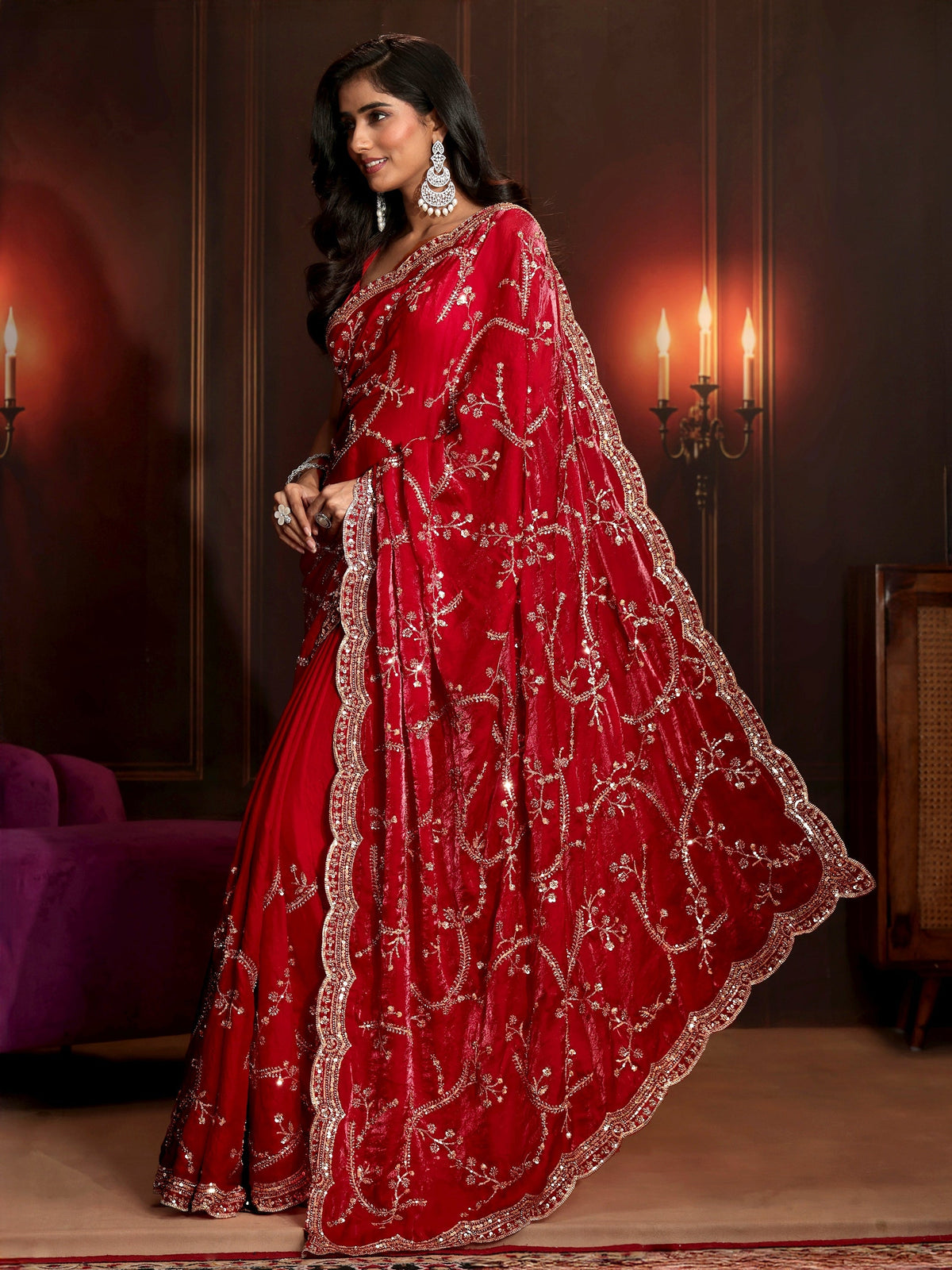 Anouk Art Raspberry Pink Embellished Tissue Saree