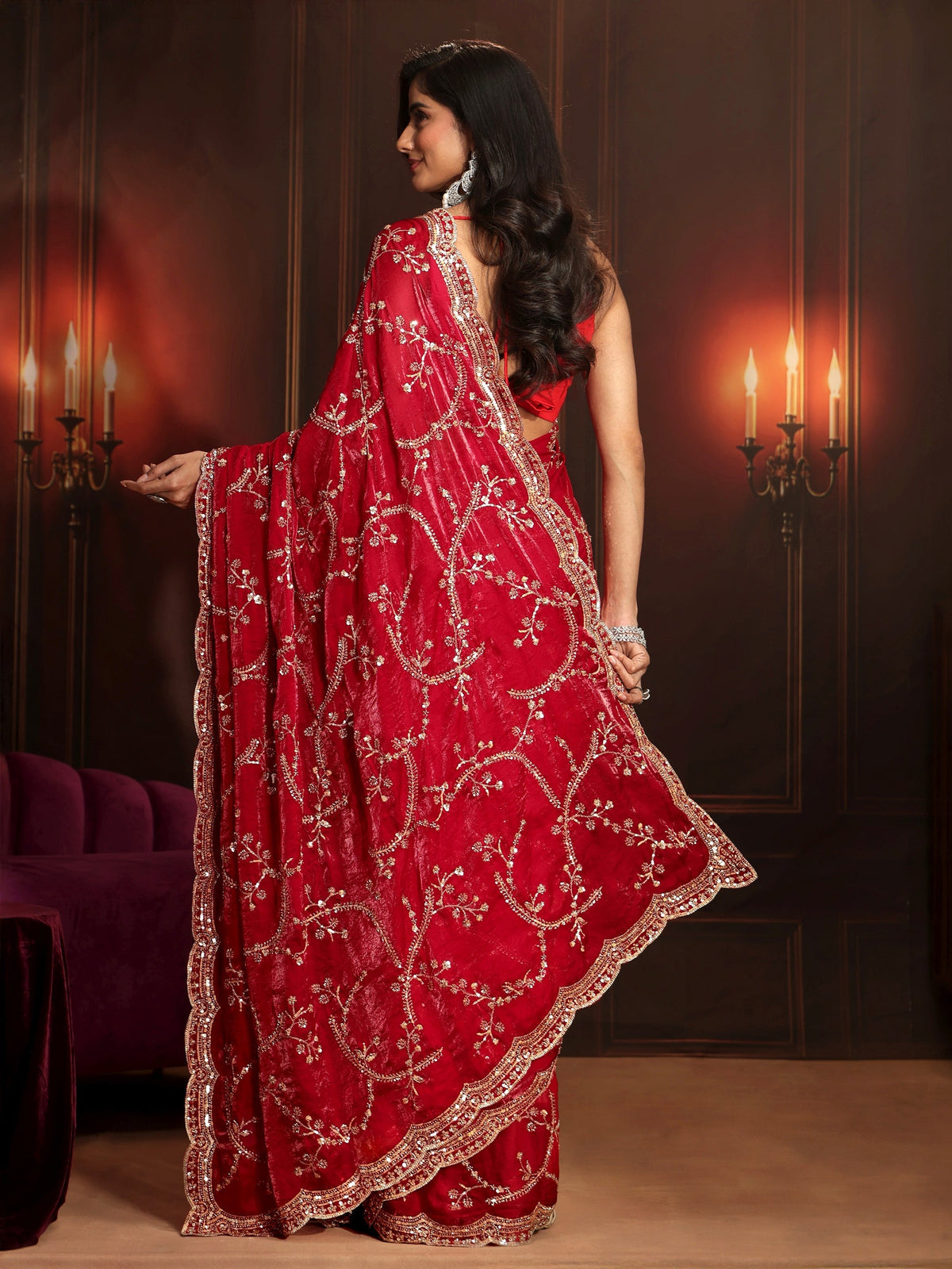 Anouk Art Raspberry Pink Embellished Tissue Saree