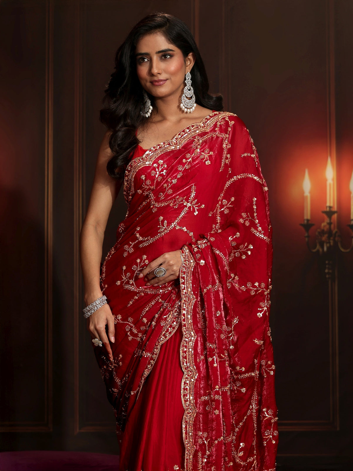 Anouk Art Raspberry Pink Embellished Tissue Saree