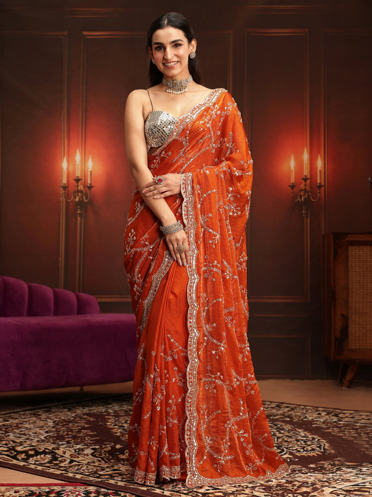 Anouk Art Orange Embellished Tissue Saree