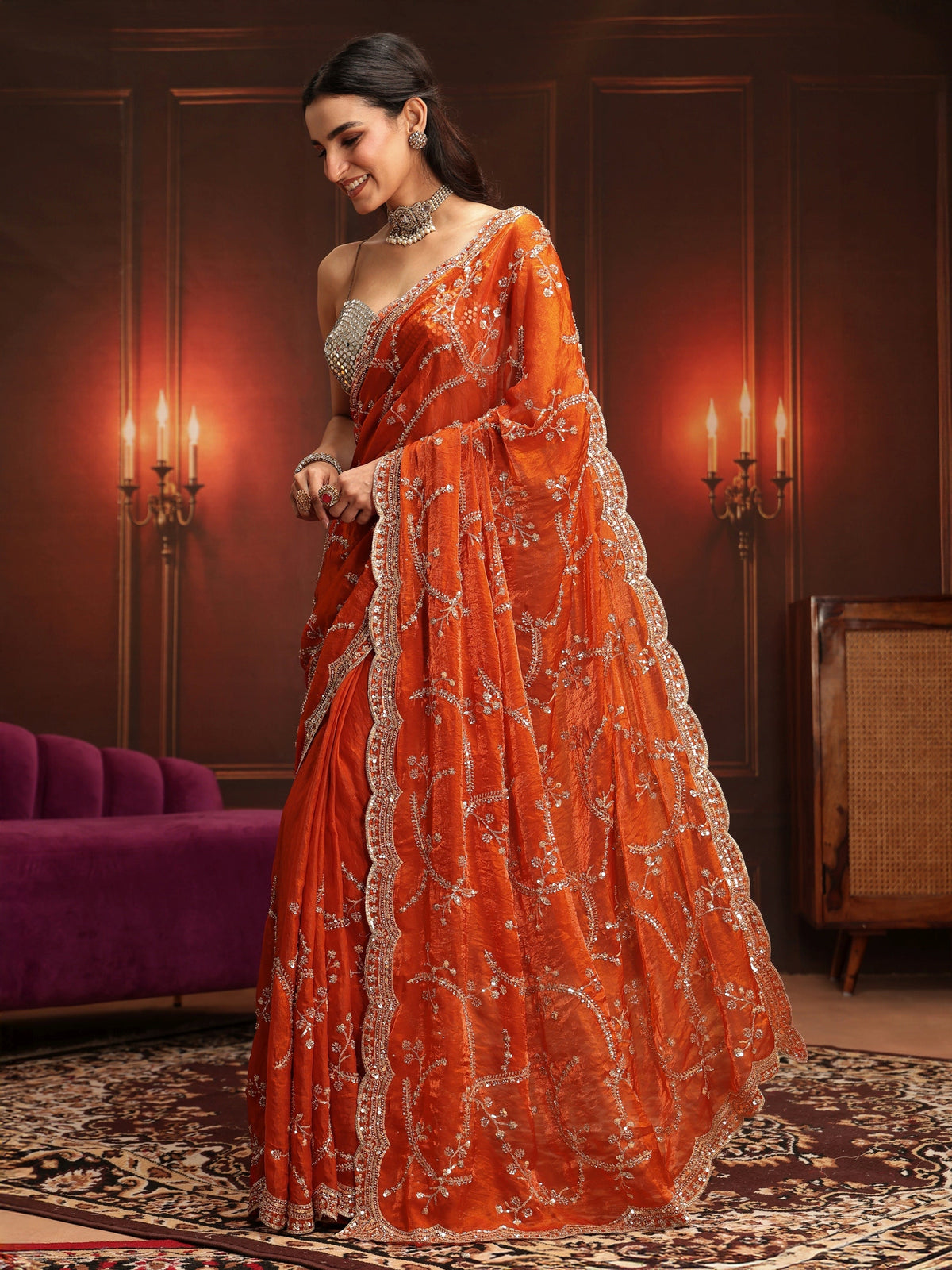 Anouk Art Orange Embellished Tissue Saree
