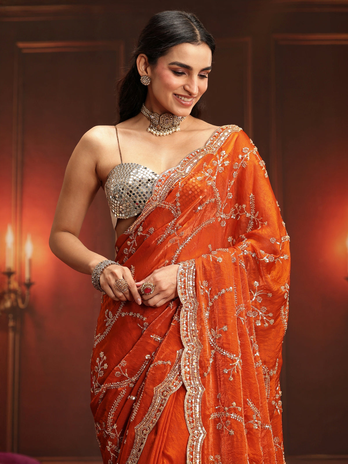 Anouk Art Orange Embellished Tissue Saree