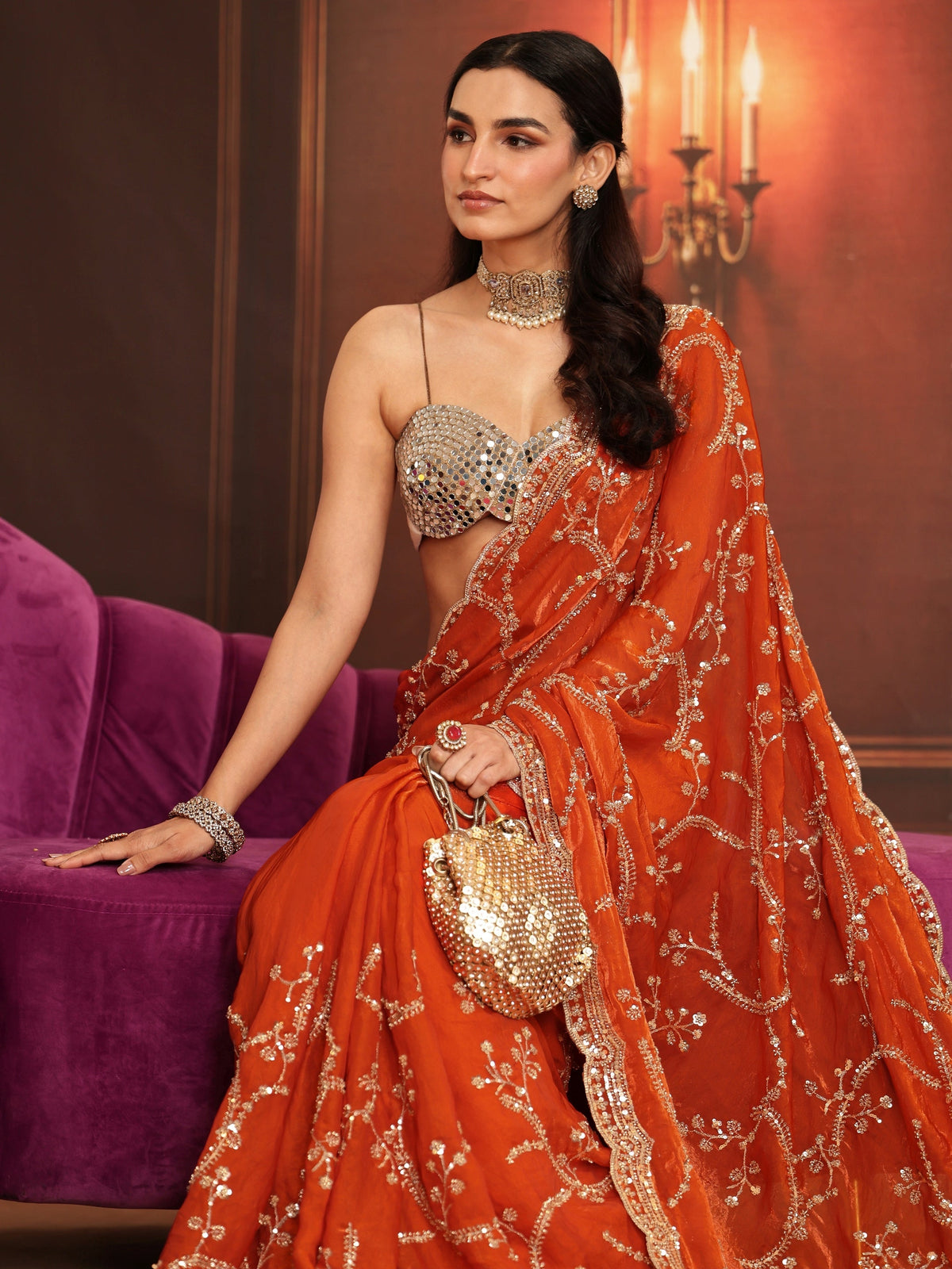 Anouk Art Orange Embellished Tissue Saree