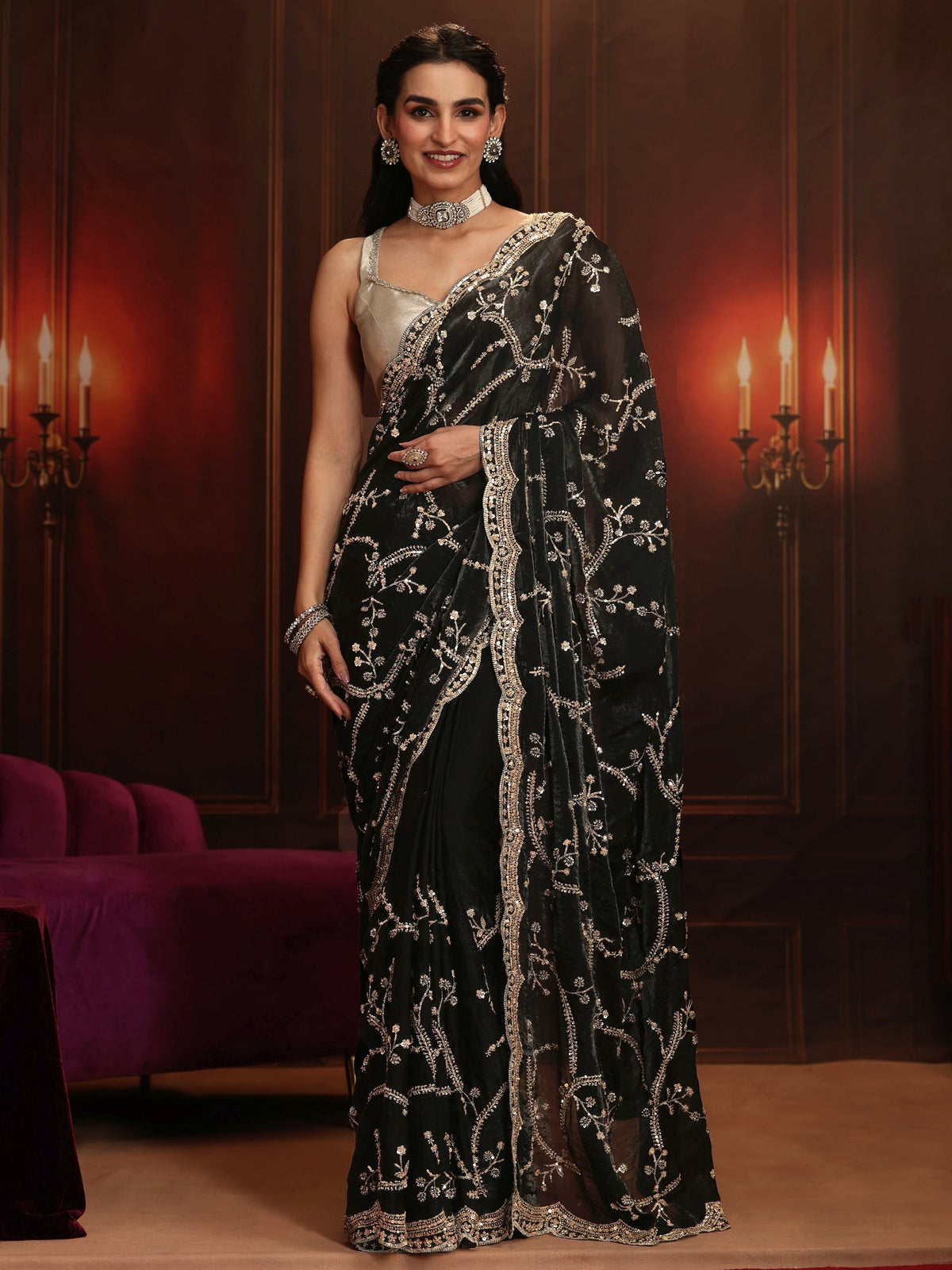 Anouk Art Black Embellished Tissue Saree