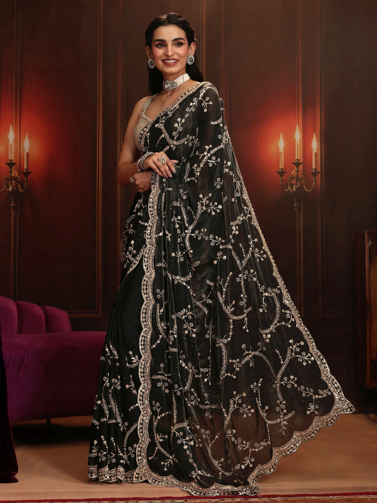 Anouk Art Black Embellished Tissue Saree