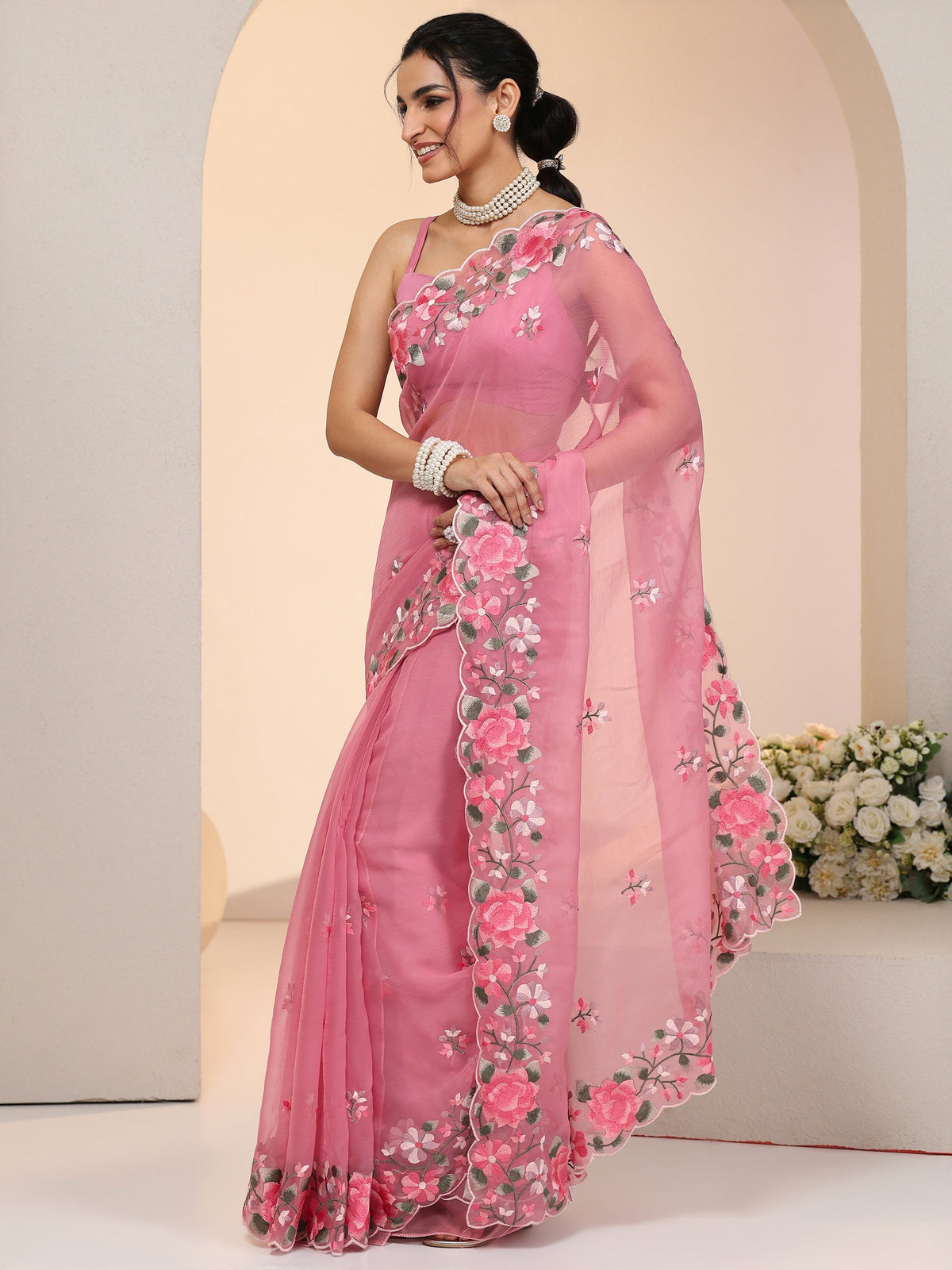Anouk Rose Pink Floral Embroidered Chiffon Saree with Scalloped Border