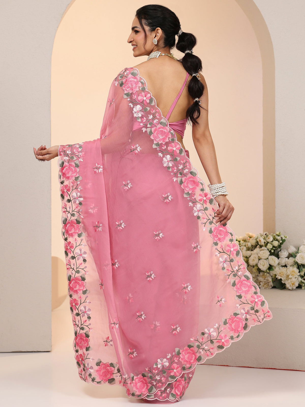 Anouk Rose Pink Floral Embroidered Chiffon Saree with Scalloped Border