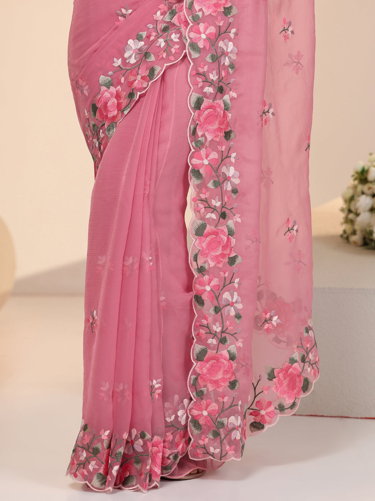 Anouk Rose Pink Floral Embroidered Chiffon Saree with Scalloped Border