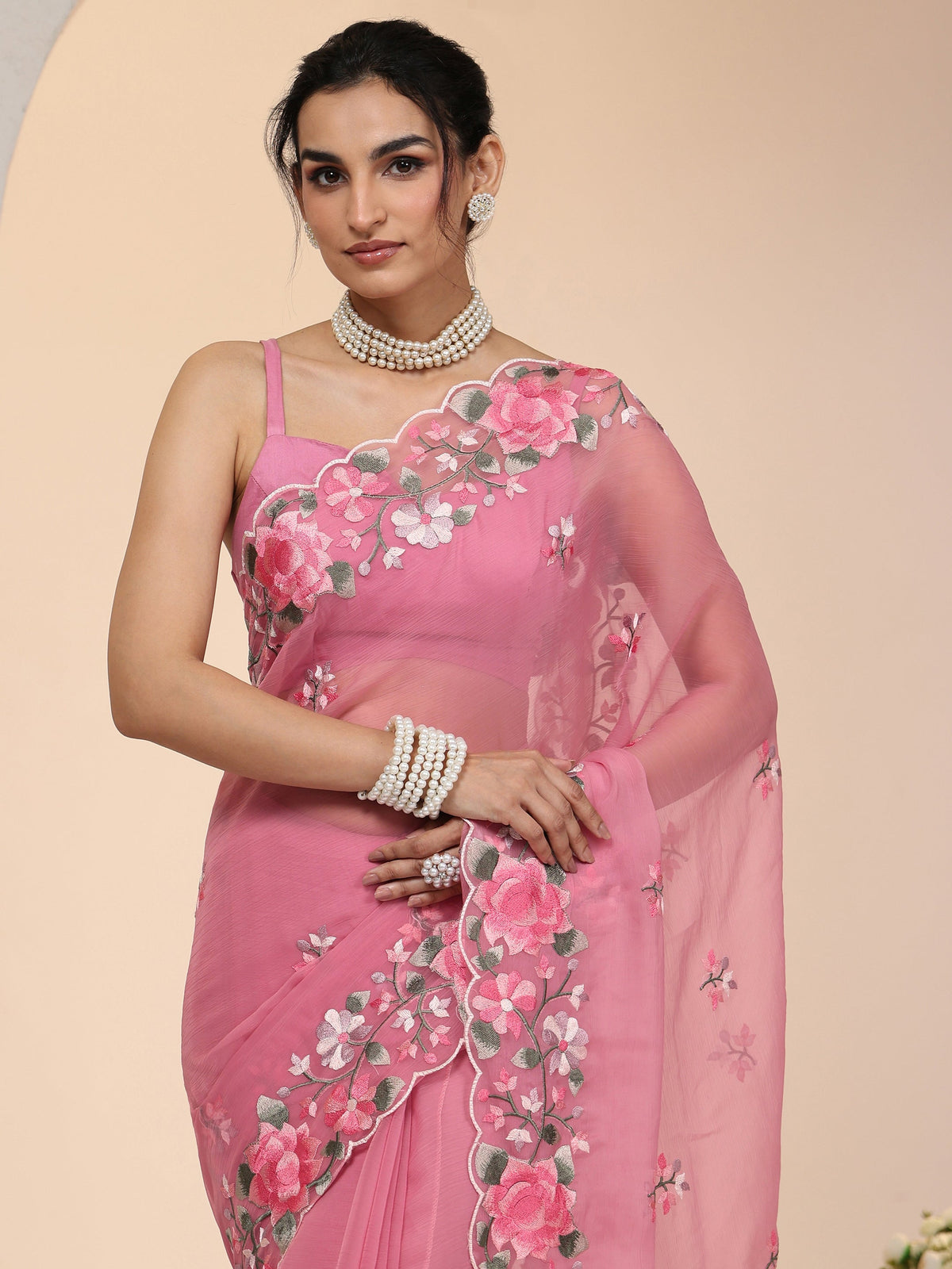 Anouk Rose Pink Floral Embroidered Chiffon Saree with Scalloped Border