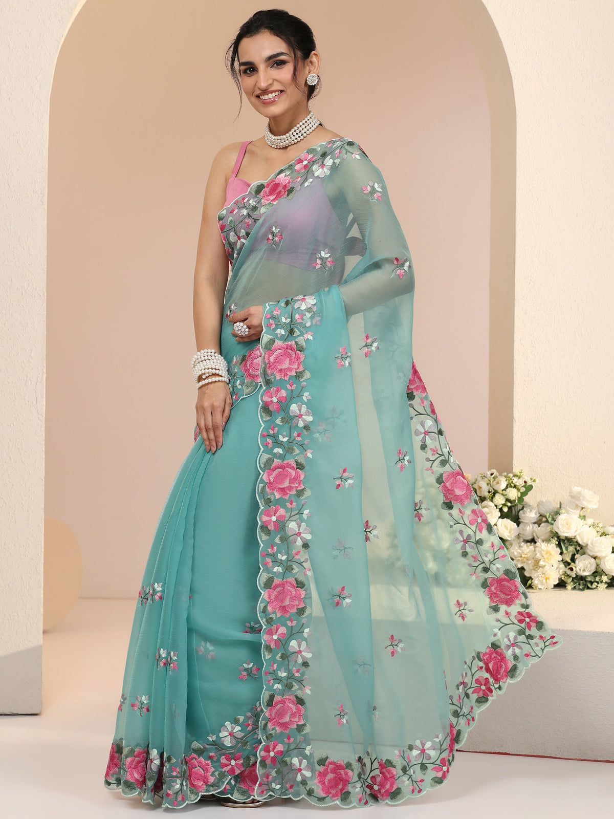 Anouk Aqua Blue Floral Embroidered Chiffon Saree with Scalloped Border