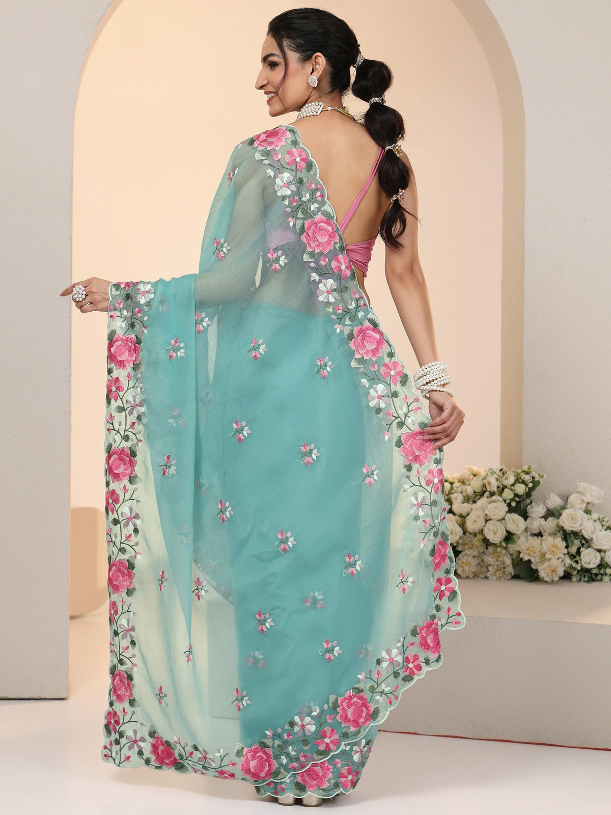 Anouk Aqua Blue Floral Embroidered Chiffon Saree with Scalloped Border