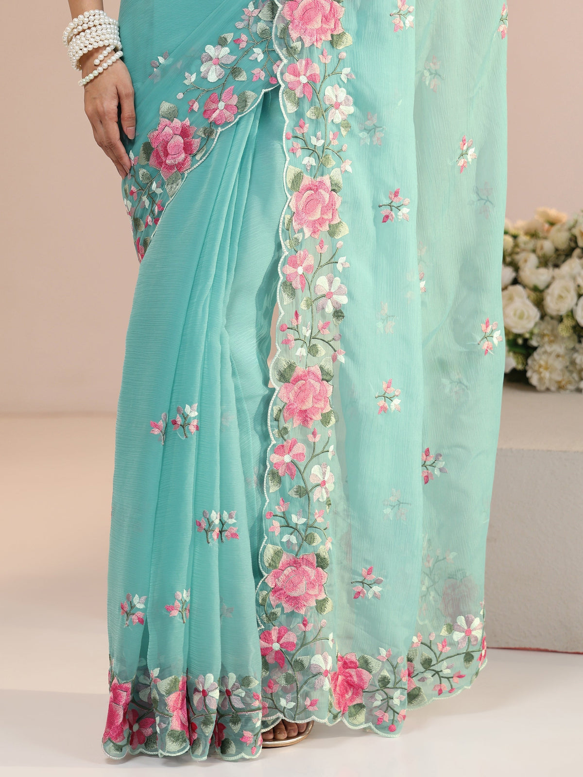 Anouk Aqua Blue Floral Embroidered Chiffon Saree with Scalloped Border