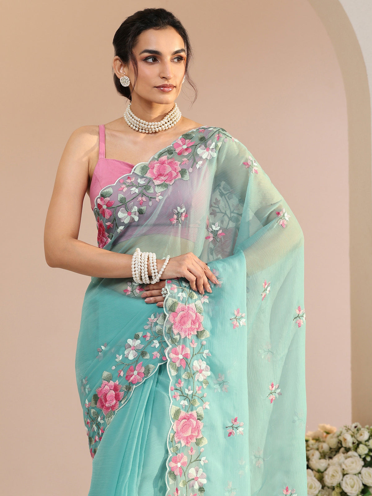 Anouk Aqua Blue Floral Embroidered Chiffon Saree with Scalloped Border