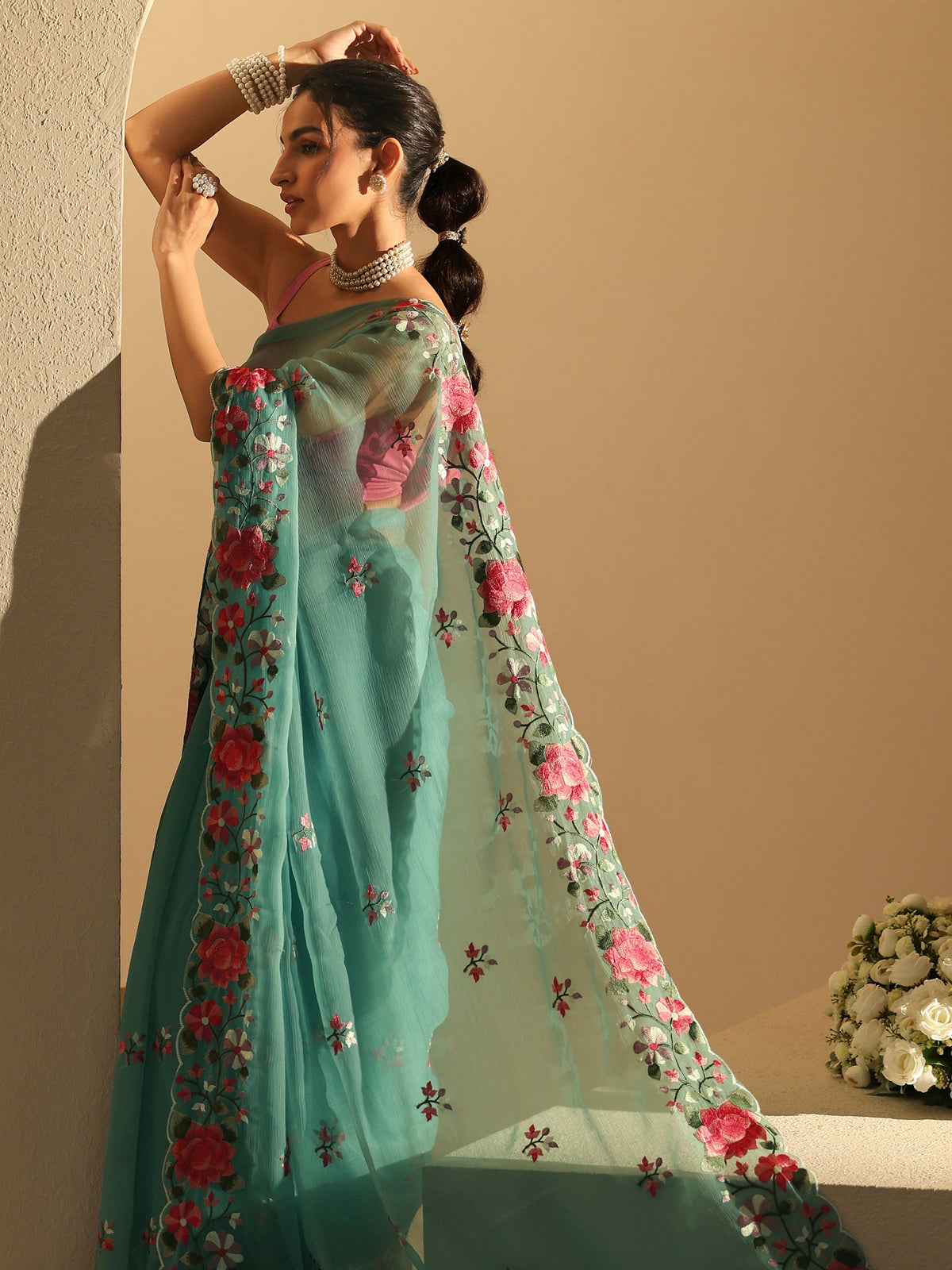 Anouk Aqua Blue Floral Embroidered Chiffon Saree with Scalloped Border