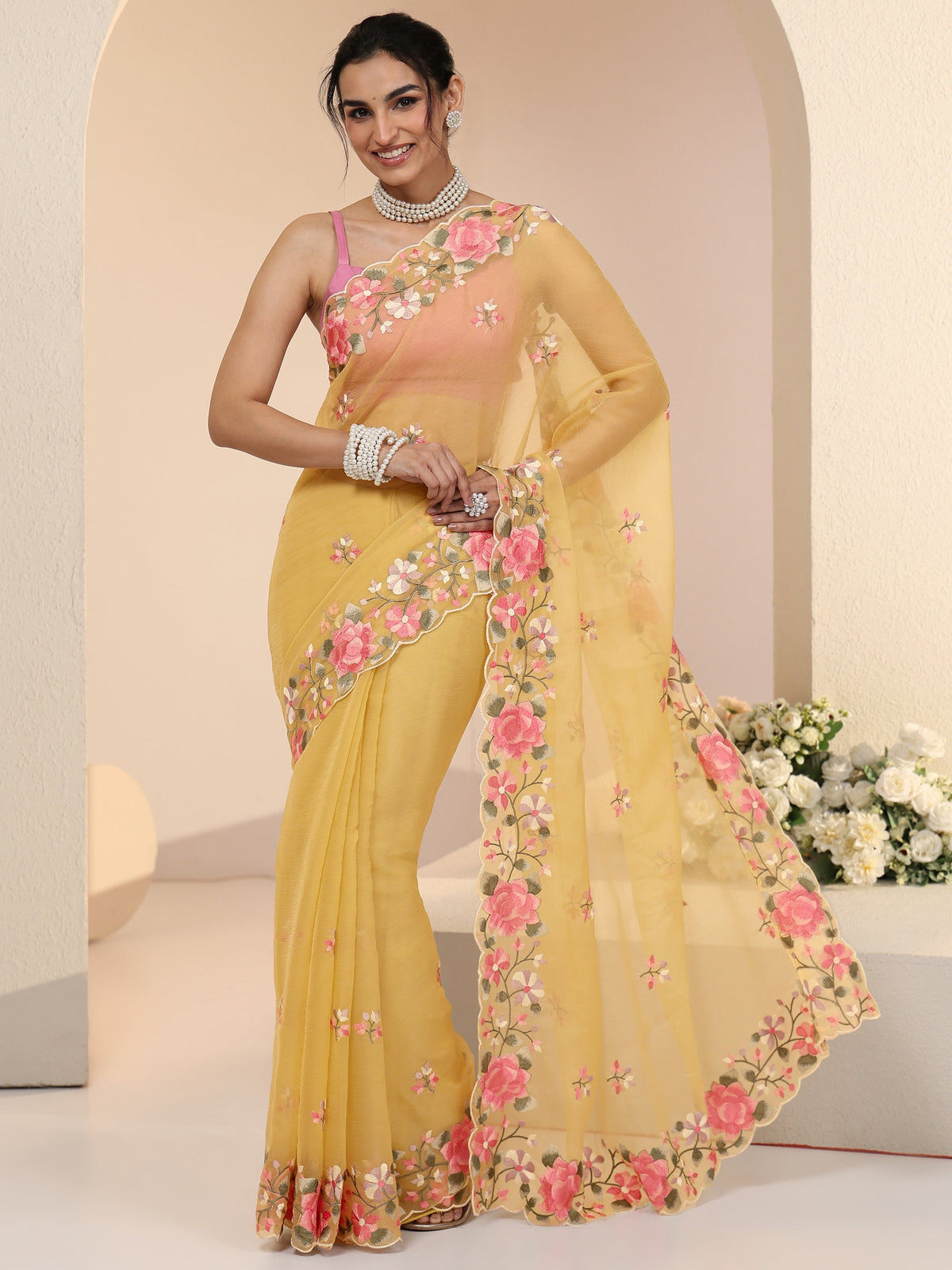 Anouk Yellow Floral Embroidered Chiffon Saree with Scalloped Border