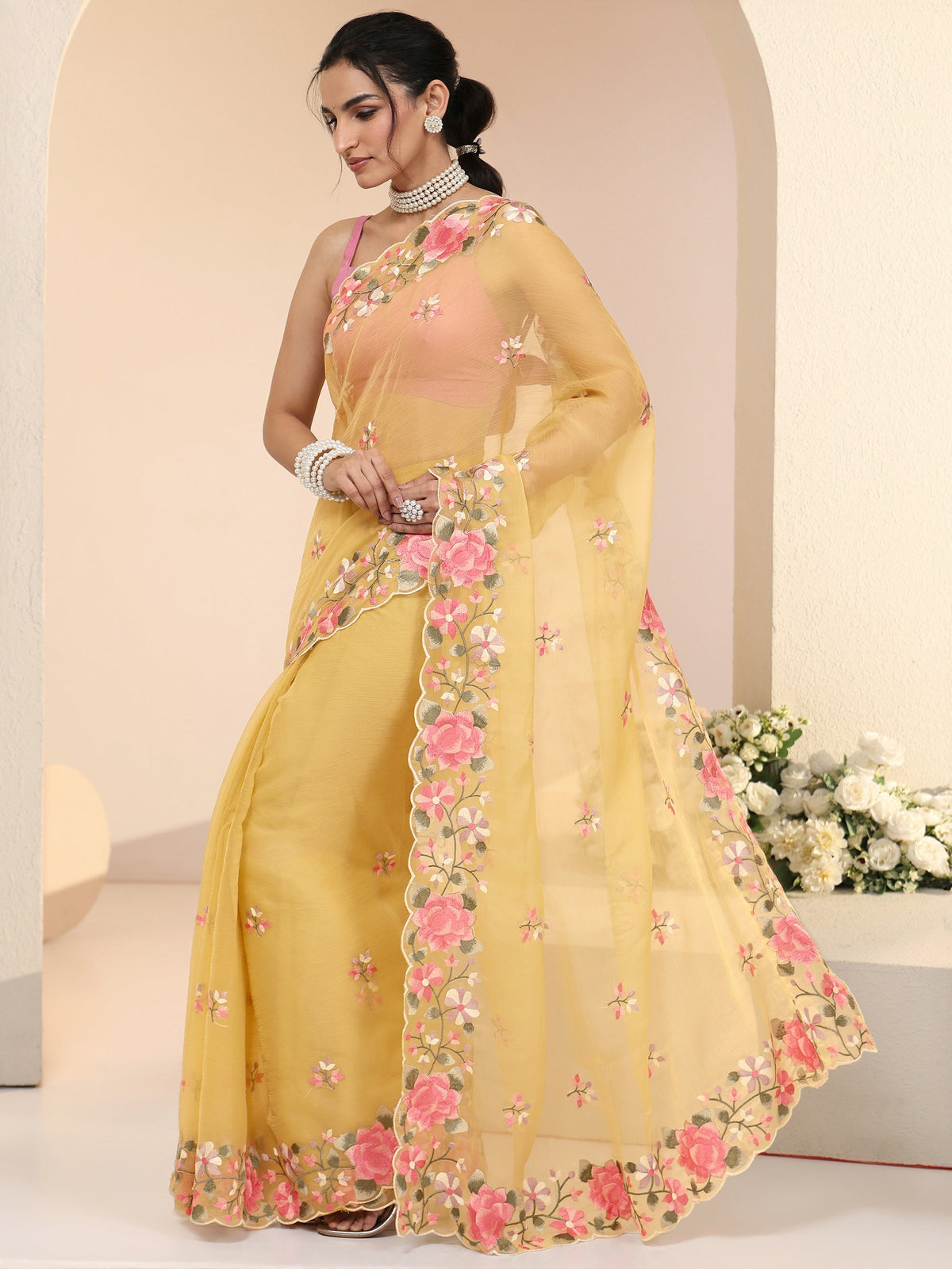 Anouk Yellow Floral Embroidered Chiffon Saree with Scalloped Border