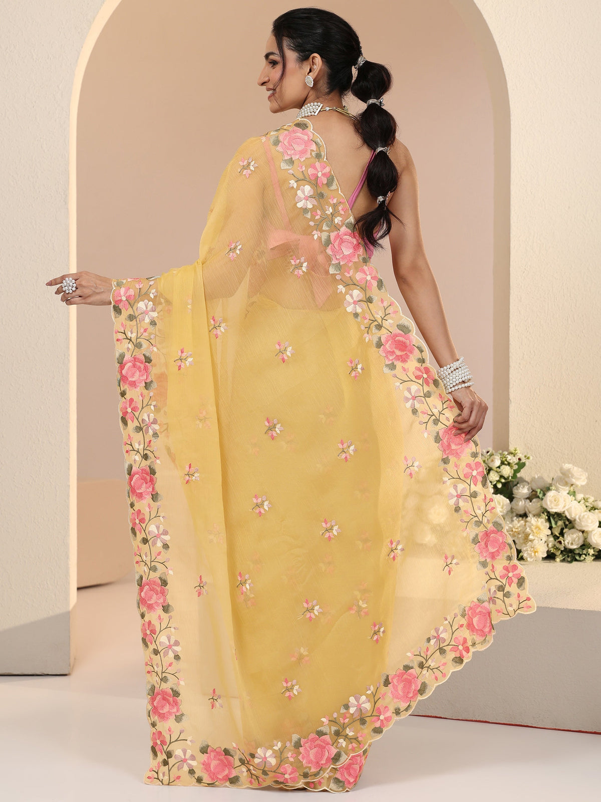 Anouk Yellow Floral Embroidered Chiffon Saree with Scalloped Border