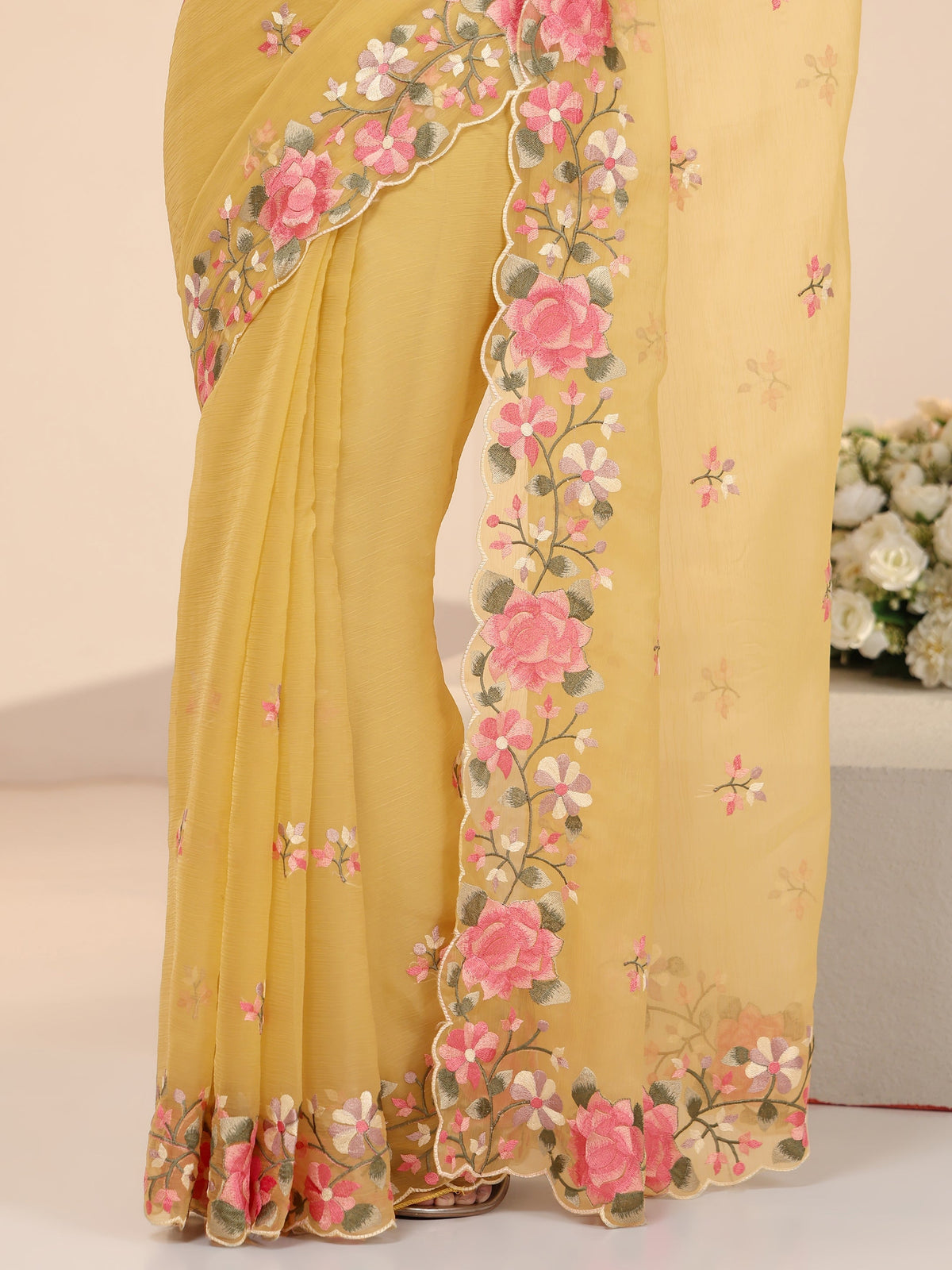 Anouk Yellow Floral Embroidered Chiffon Saree with Scalloped Border