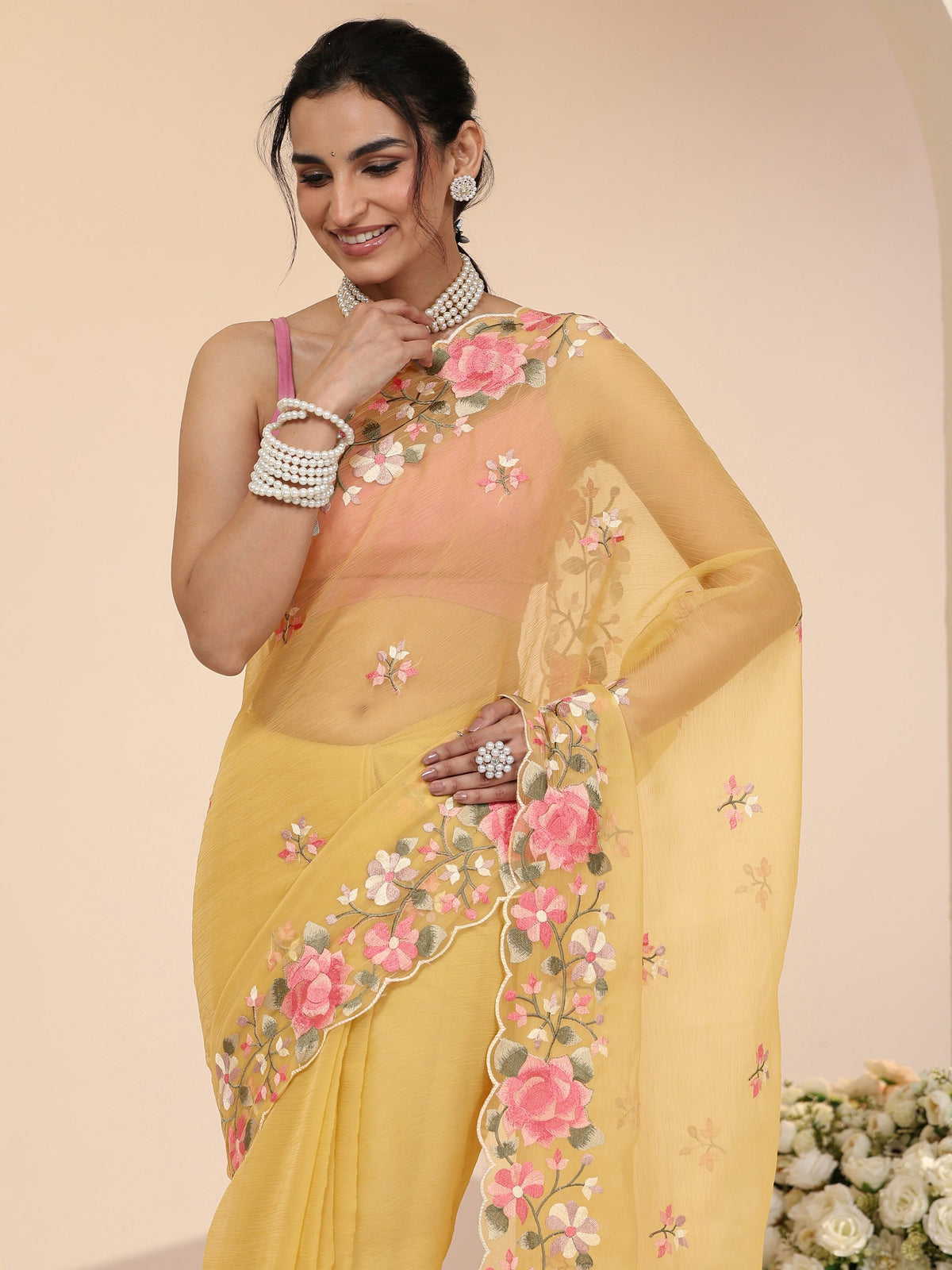 Anouk Yellow Floral Embroidered Chiffon Saree with Scalloped Border