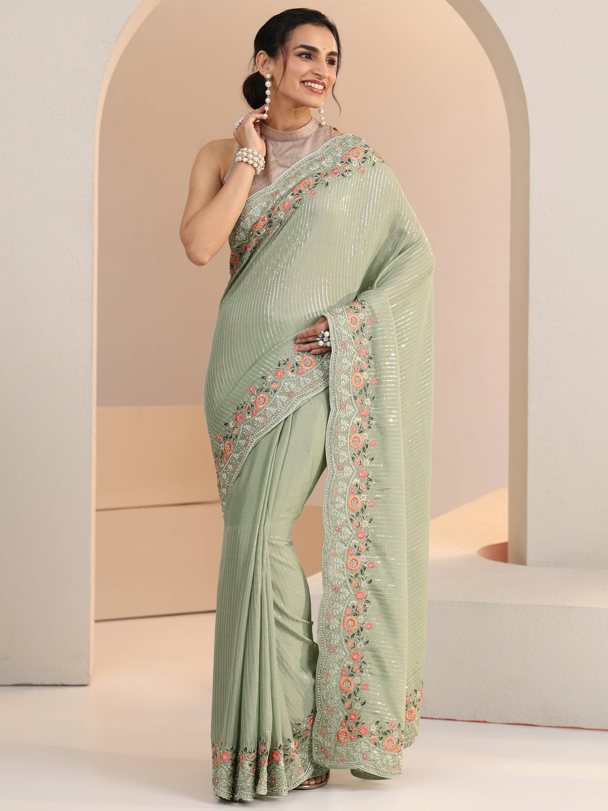 Anouk Pista Green Striped Embellished Chiffon Saree with Floral Border