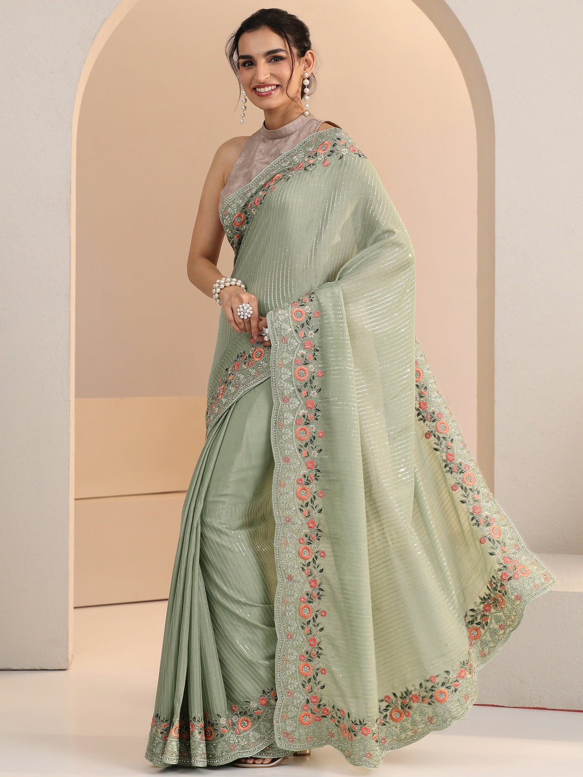 Anouk Pista Green Striped Embellished Chiffon Saree with Floral Border