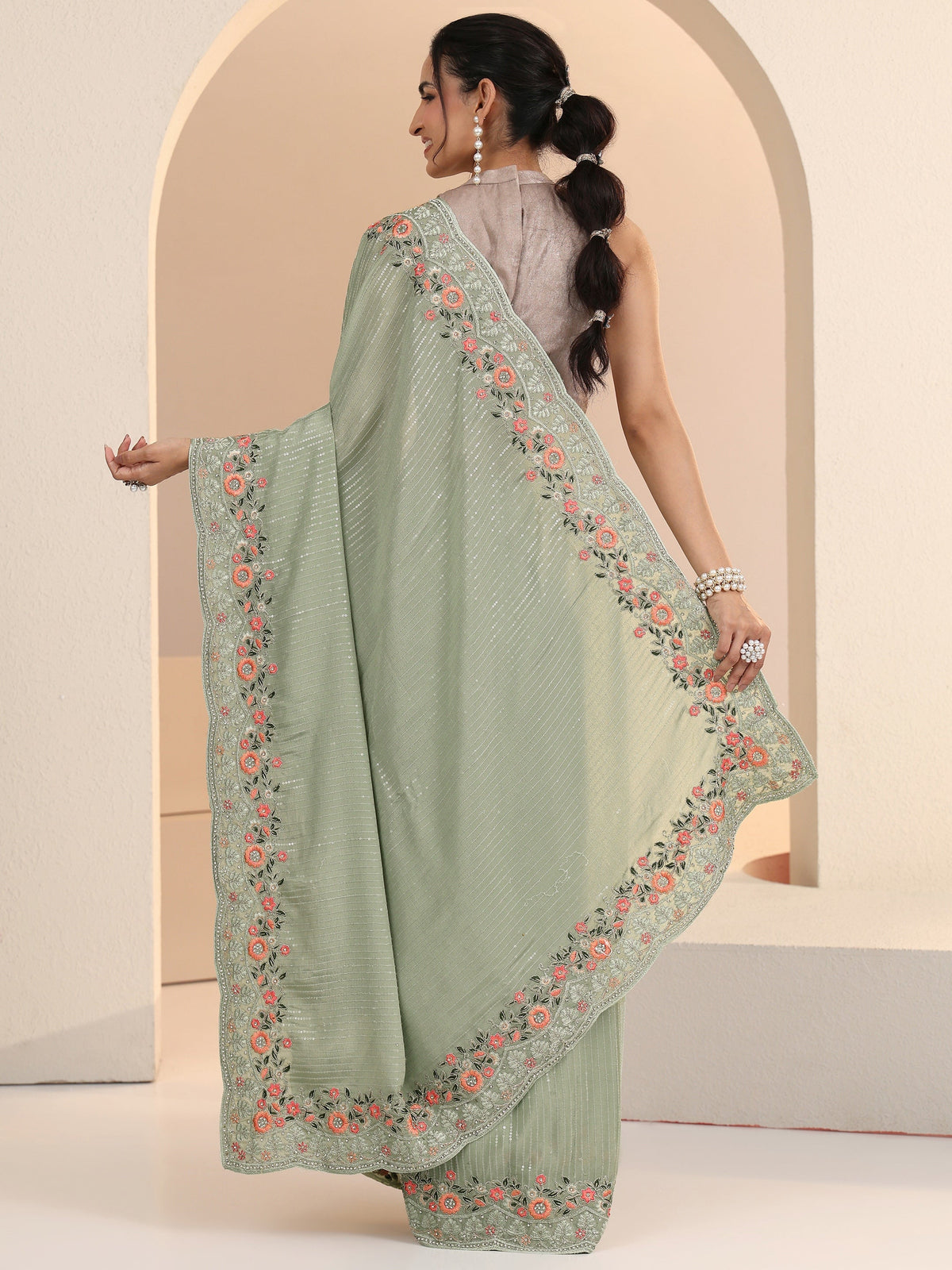 Anouk Pista Green Striped Embellished Chiffon Saree with Floral Border