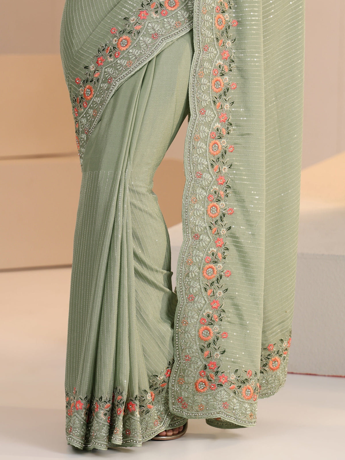 Anouk Pista Green Striped Embellished Chiffon Saree with Floral Border