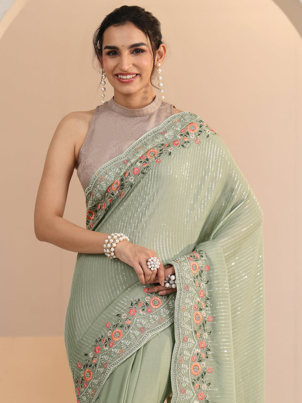 Anouk Pista Green Striped Embellished Chiffon Saree with Floral Border