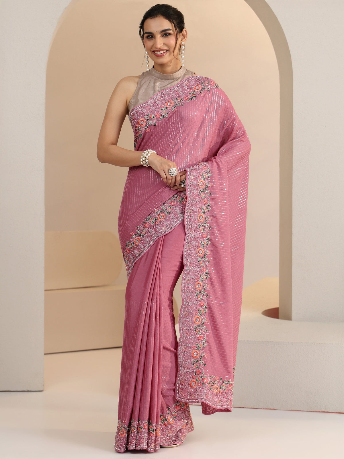 Anouk Dusty Rose Pink Sequin Embellished Chiffon Saree with Floral Border
