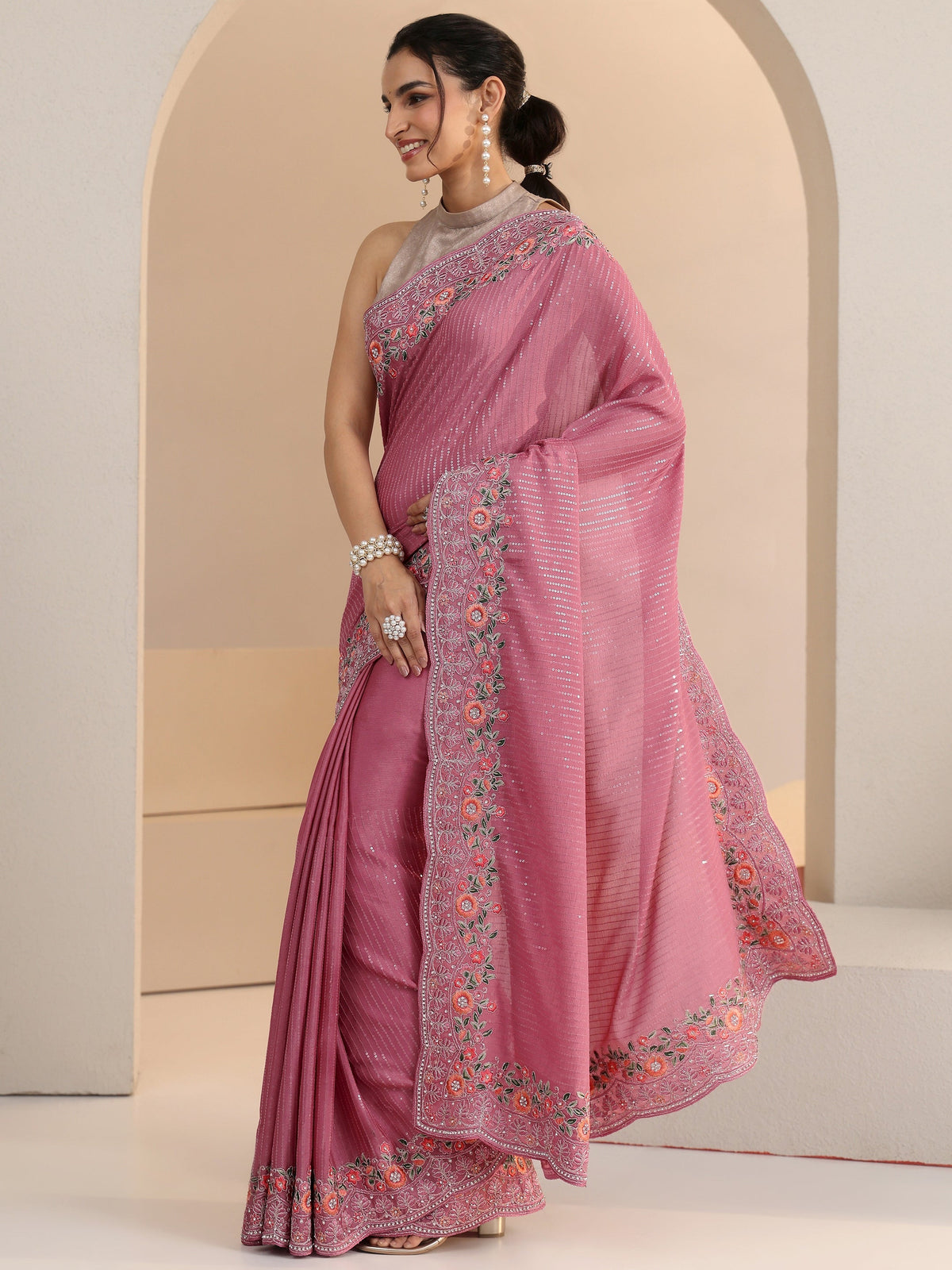 Anouk Dusty Rose Pink Sequin Embellished Chiffon Saree with Floral Border