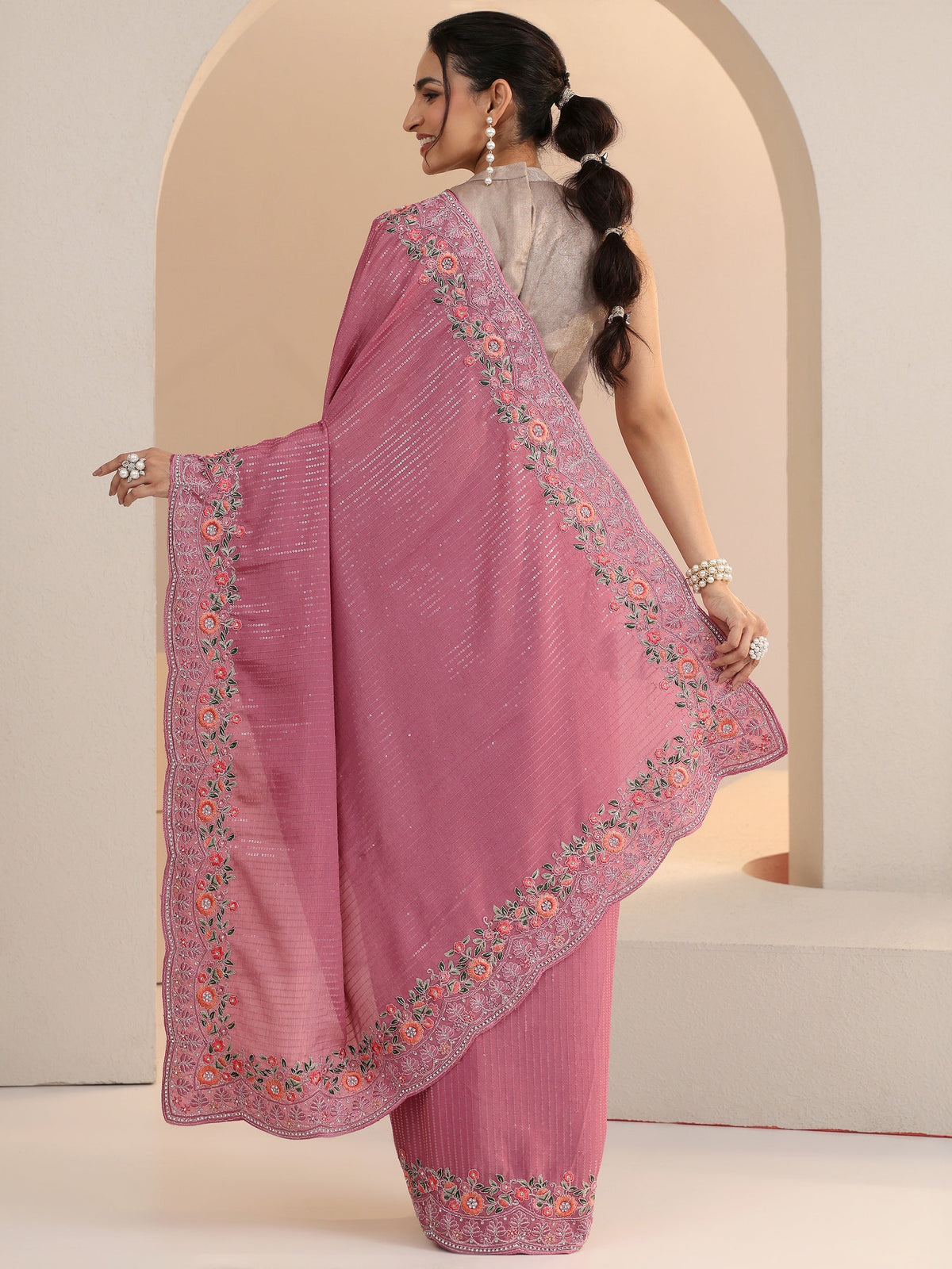 Anouk Dusty Rose Pink Sequin Embellished Chiffon Saree with Floral Border