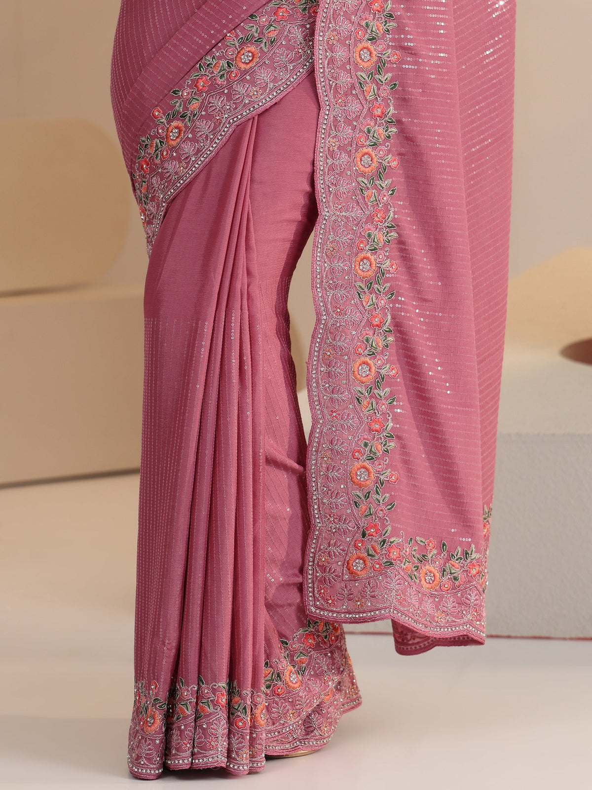 Anouk Dusty Rose Pink Sequin Embellished Chiffon Saree with Floral Border